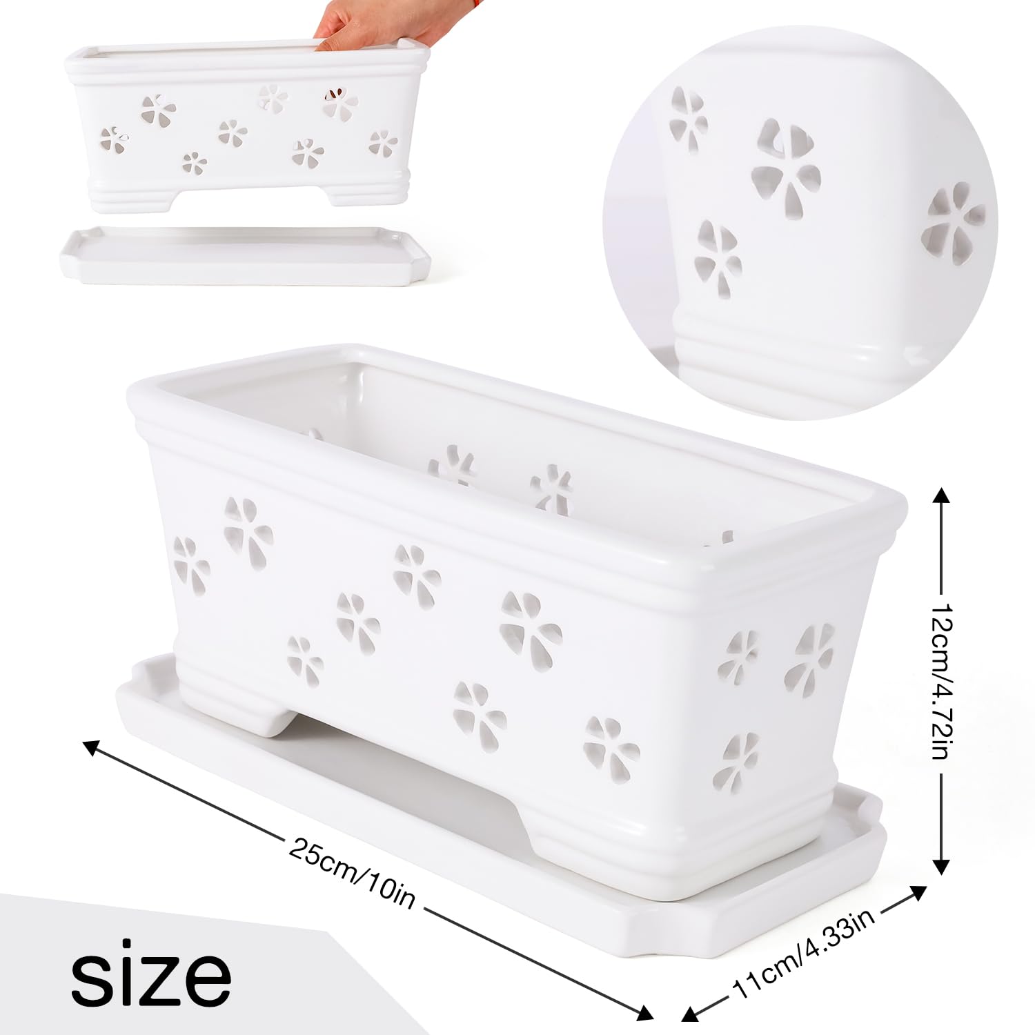 Rectangle Ceramic Orchid Pot with Holes & Saucer