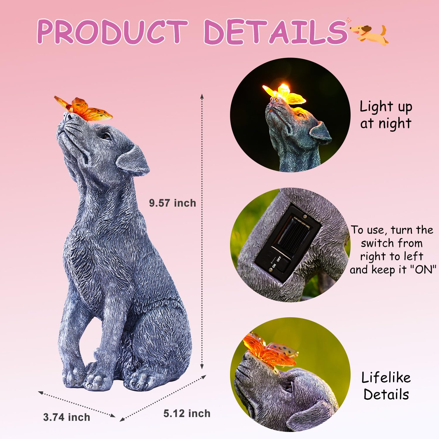 Solar Butterfly Dog Statue, Outdoor Garden Decor Figurine, Perfect Birthday Gift for Mom Dad, Cute Yard & Patio Decoration Ornament