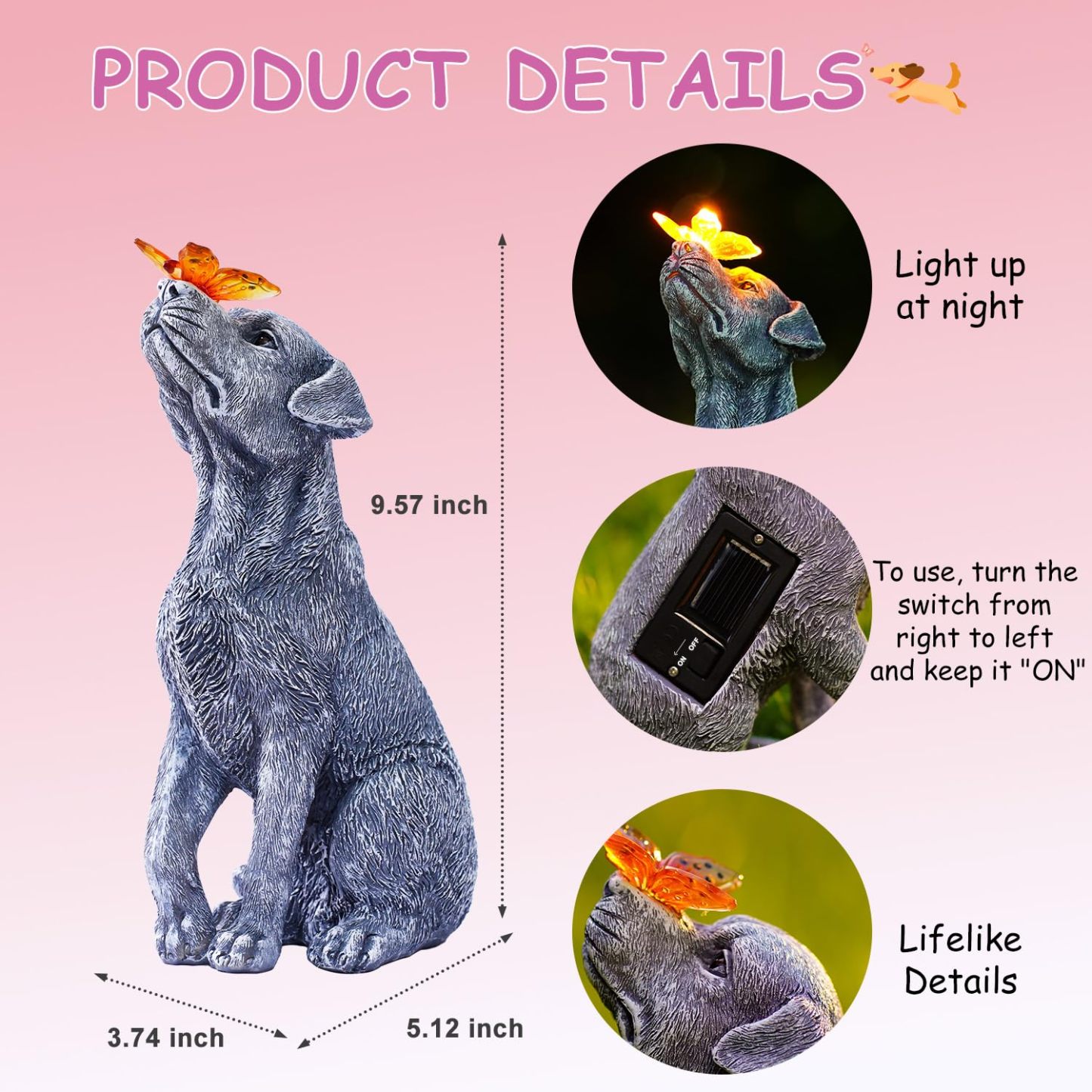 Solar Butterfly Dog Statue, Outdoor Garden Decor Figurine, Perfect Birthday Gift for Mom Dad, Cute Yard & Patio Decoration Ornament