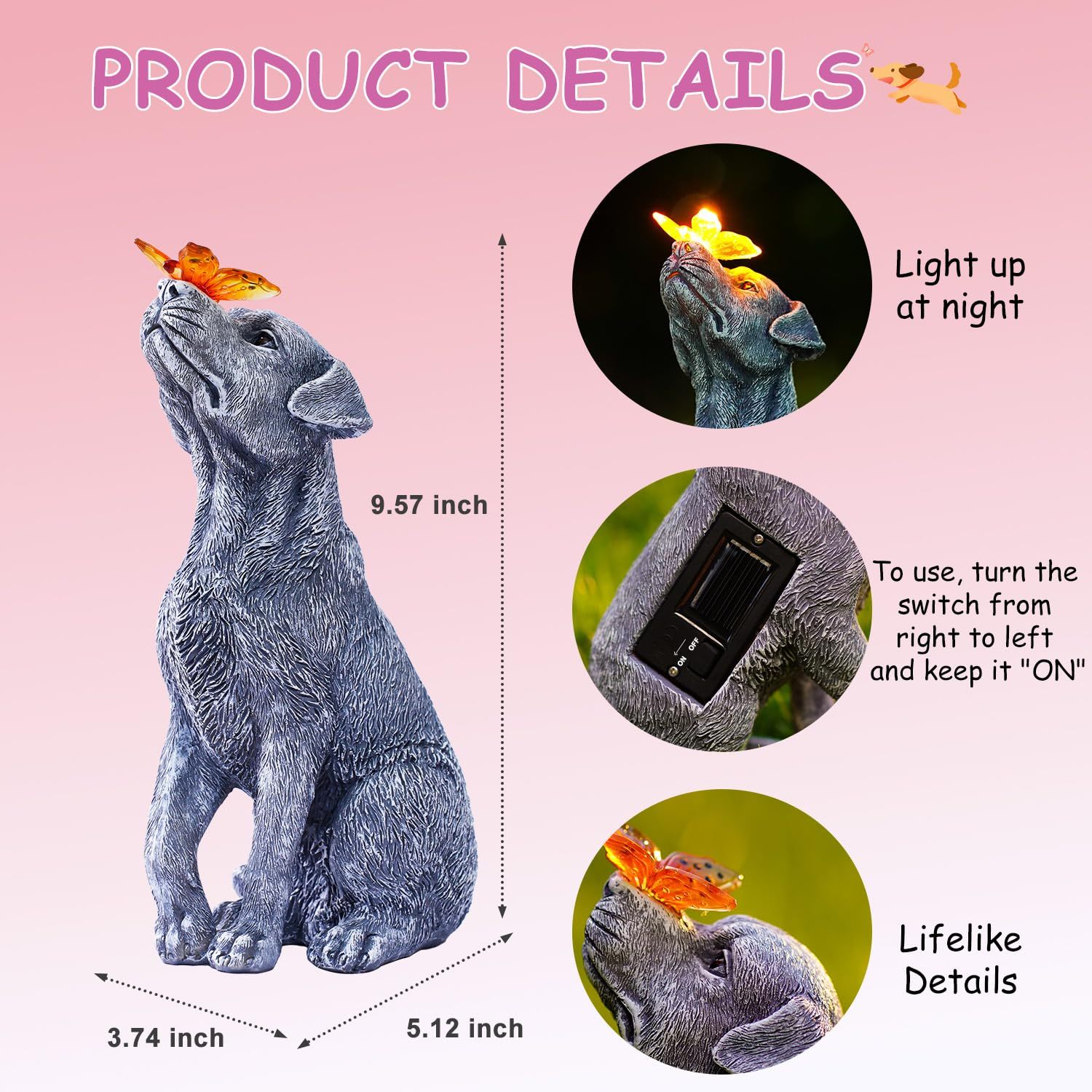 Solar Butterfly Dog Statue, Outdoor Garden Decor Figurine, Perfect Birthday Gift for Mom Dad, Cute Yard & Patio Decoration Ornament