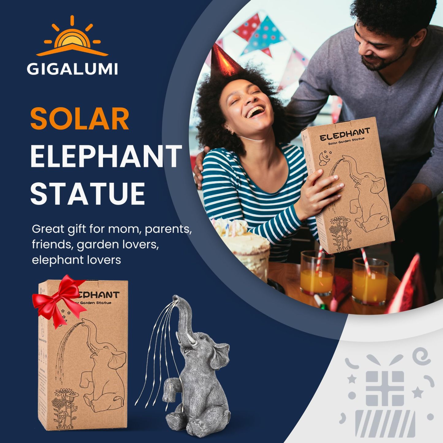 Solar Watering Elephant Garden Statue with LED Lights, Outdoor Patio Yard Decor Ornament, Perfect Birthday Gift for Women, Mom, Grandma