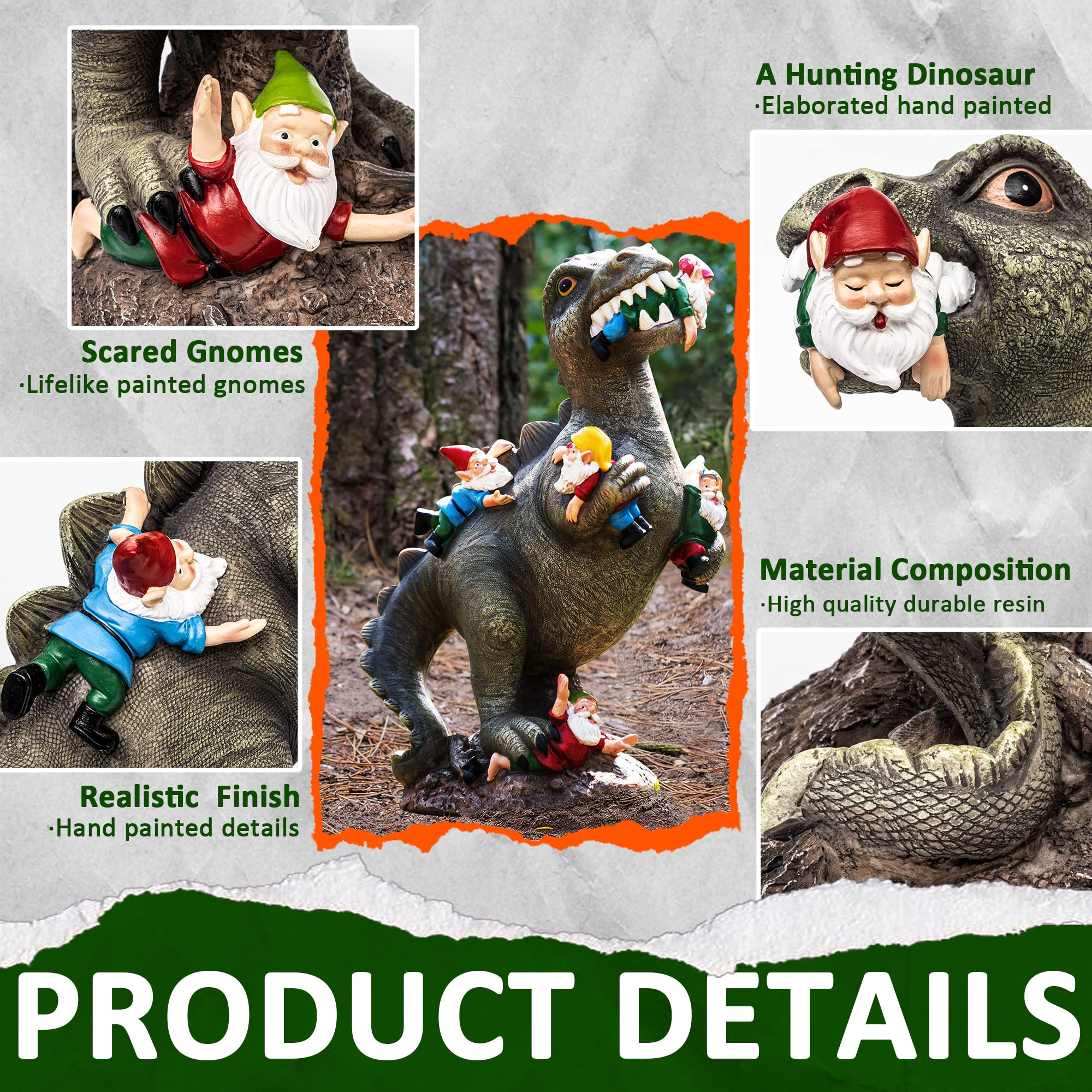 14 Inch Dinosaur Gnome Garden Statue, Outdoor Yard Patio Lawn Decor Ornament, Perfect Gardening & Housewarming Gift for Women