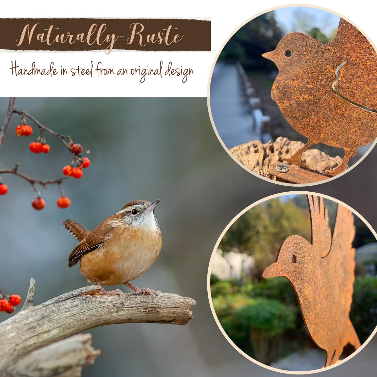 5 PCS Rustic Metal Bird Wall Decor, Outdoor Fence & Yard Art Sculptures, Rusty Garden Hanging Ornaments