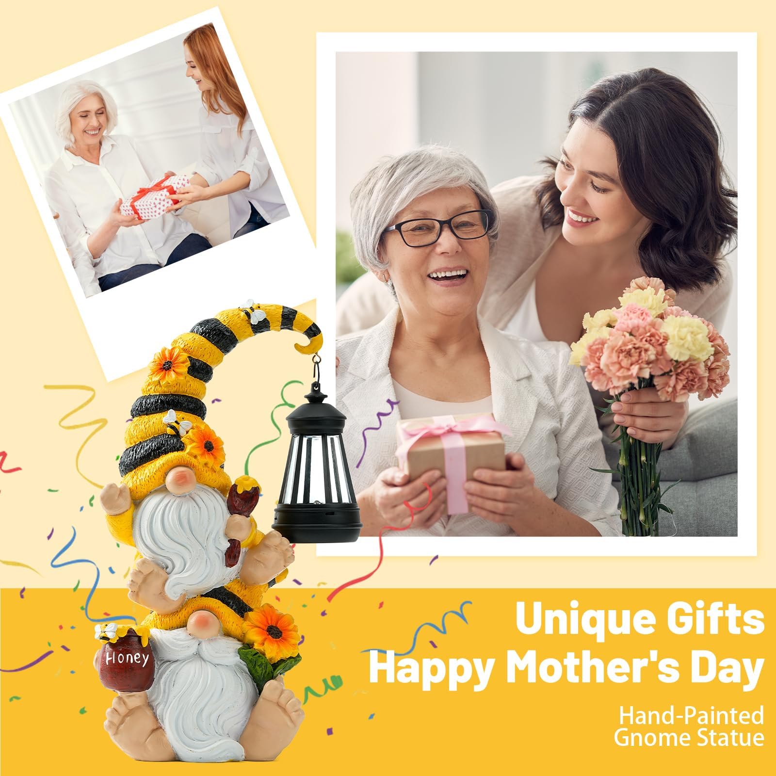 Solar Stacked Bee Gnome Statue with LED Lantern, Waterproof Resin Outdoor Yard Patio Decor, Unique Gift for Women, Mom and Grandma