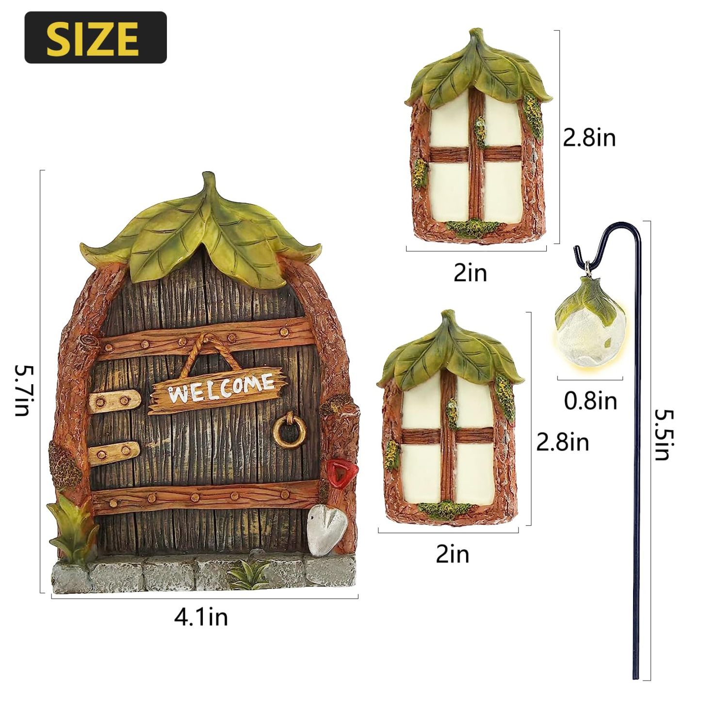 Glow in the Dark Fairy Door & Windows for Trees, Miniature Garden Decor with Lantern, Outdoor Yard Lawn Sculpture Ornament