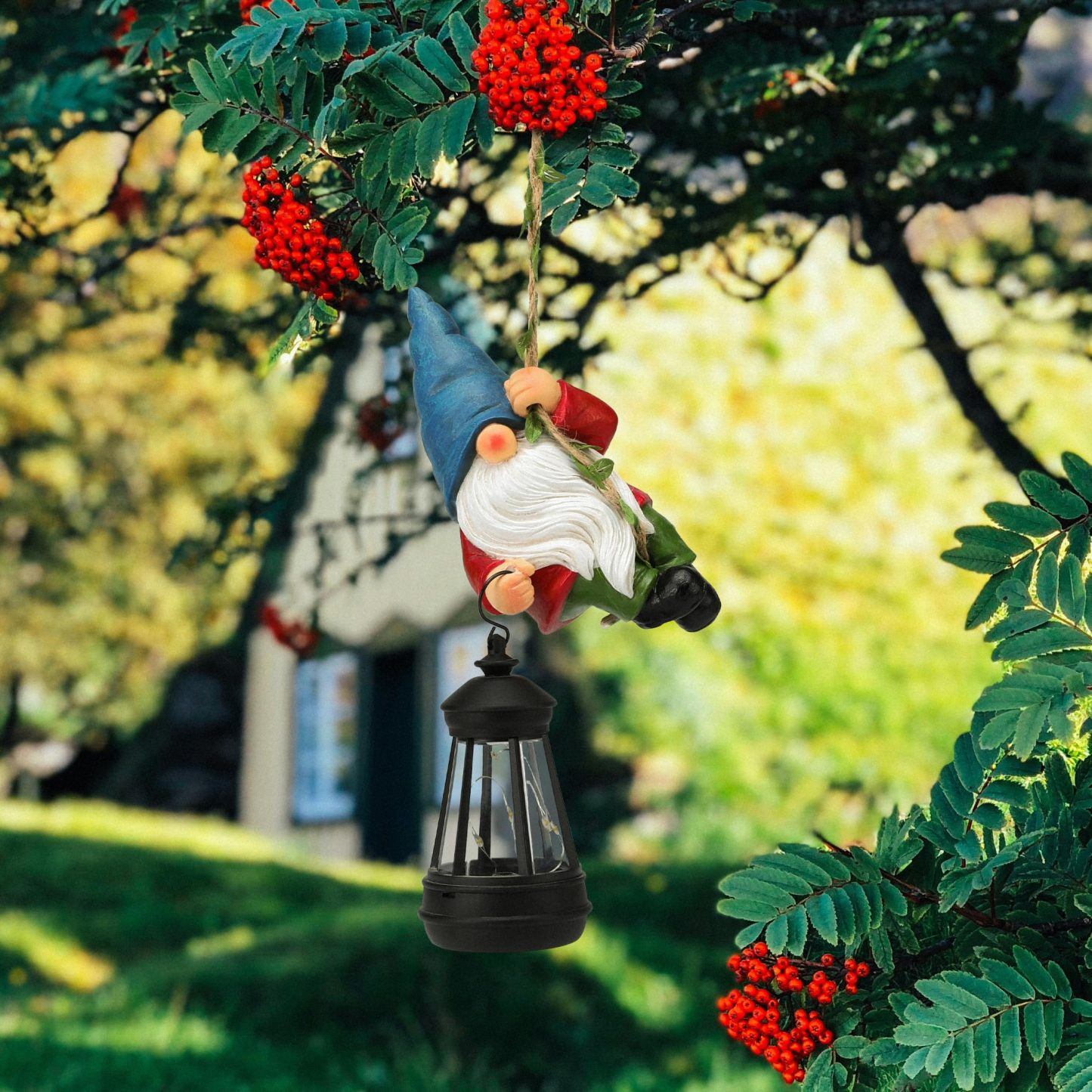 Solar Climbing Rope Gnome Tree Hugger with LED Lantern, Hanging Outdoor Yard Porch Wall Decor, Gift for Mom and Women