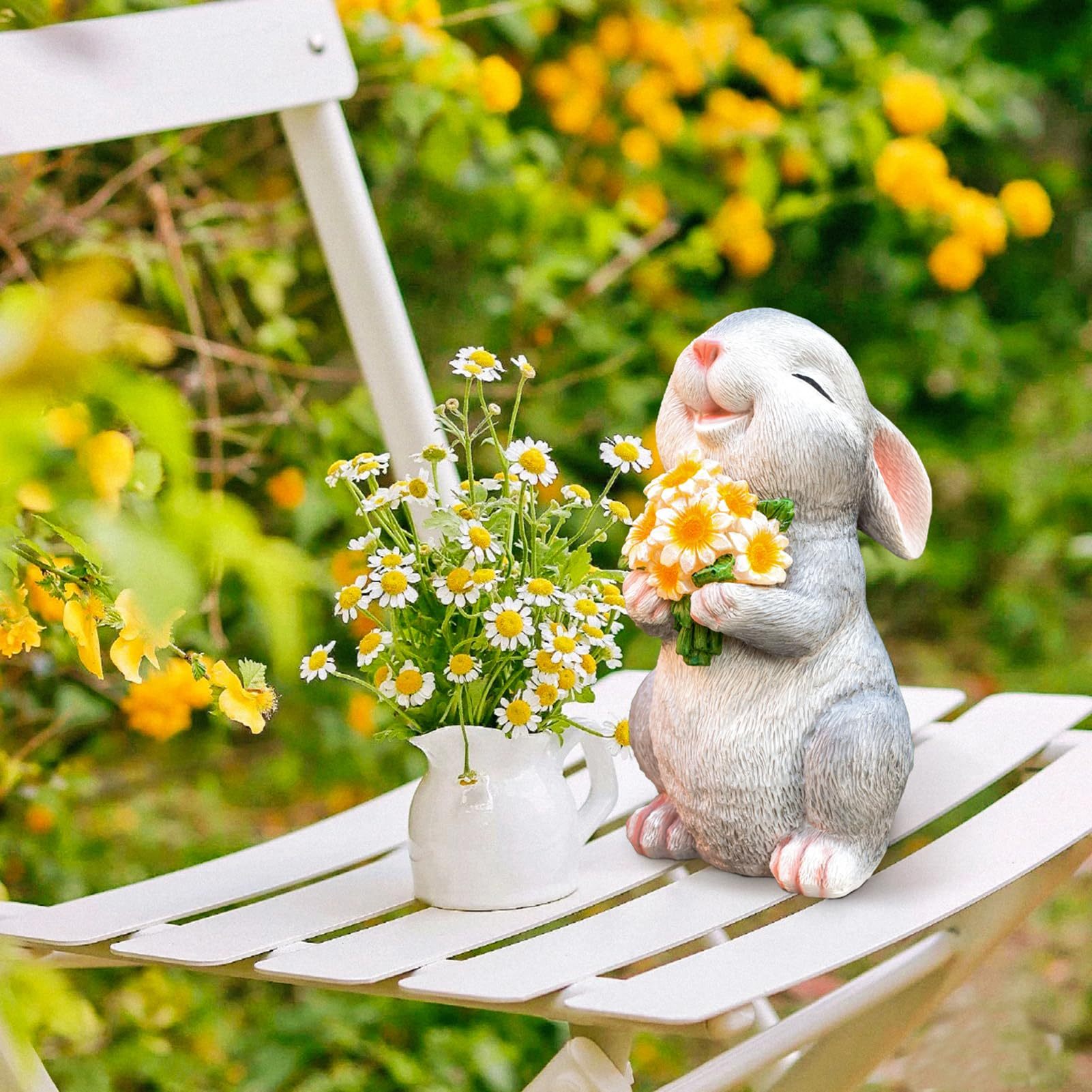 Solar Resin Rabbit Garden Statue with LED Sunflower Light, Outdoor Bunny Figurine Decor for Porch, Patio, Lawn & Yard, Perfect Gardening Gift for Mom, Women on Mother’s Day, Birthday & Christmas