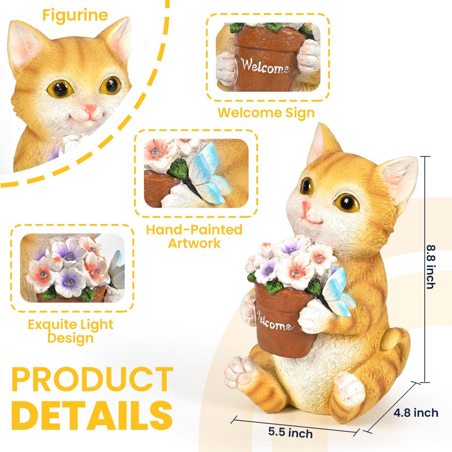 Solar Cat Flower Pot Garden Statue, Outdoor Decorative Cat Figurine for Patio, Yard, Lawn & Balcony, Ideal Birthday Gardening Gift for Women, Mom, Grandma and Seniors