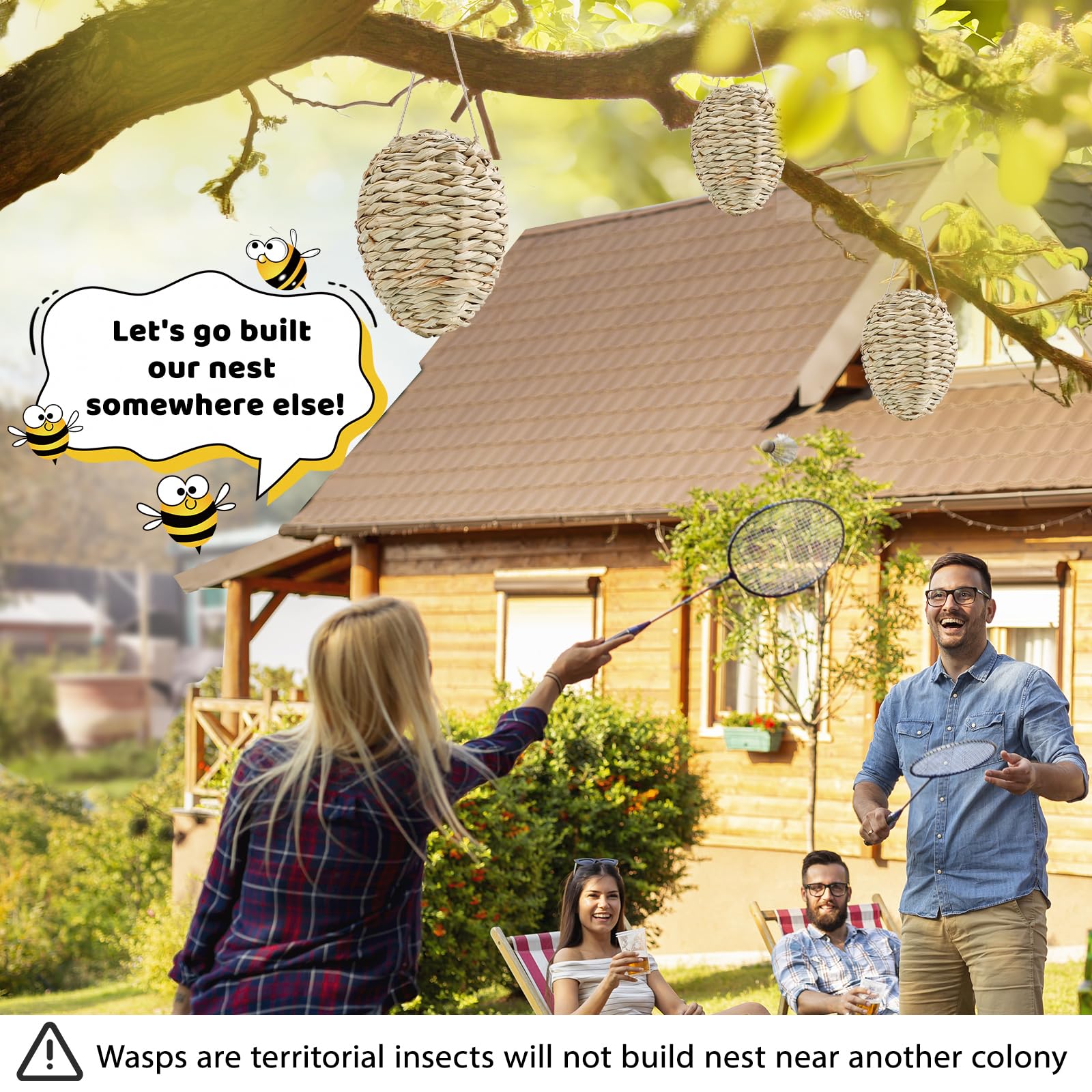4Pcs Fake Wasp Hornet Nest Decoy, Woven Reed Waterproof, Patio Garden Eaves Decor & Wasp Deterrent