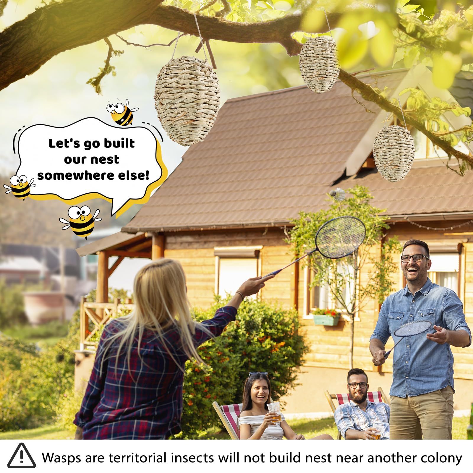 4Pcs Fake Wasp Hornet Nest Decoy, Woven Reed Waterproof, Patio Garden Eaves Decor & Wasp Deterrent