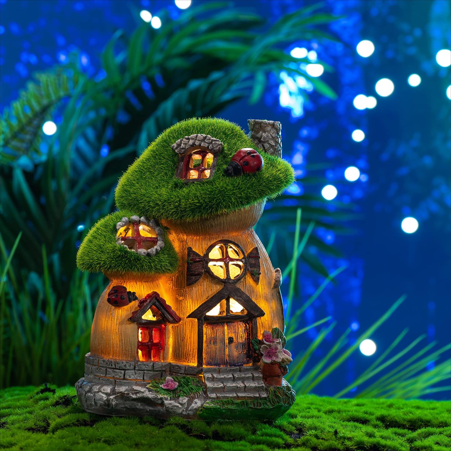 Solar Mushroom Fairy House Garden Statue, Green Flocked Resin Outdoor Decor with LED Light, Yard Patio Ornament & Gardening Gift for Mom, Women