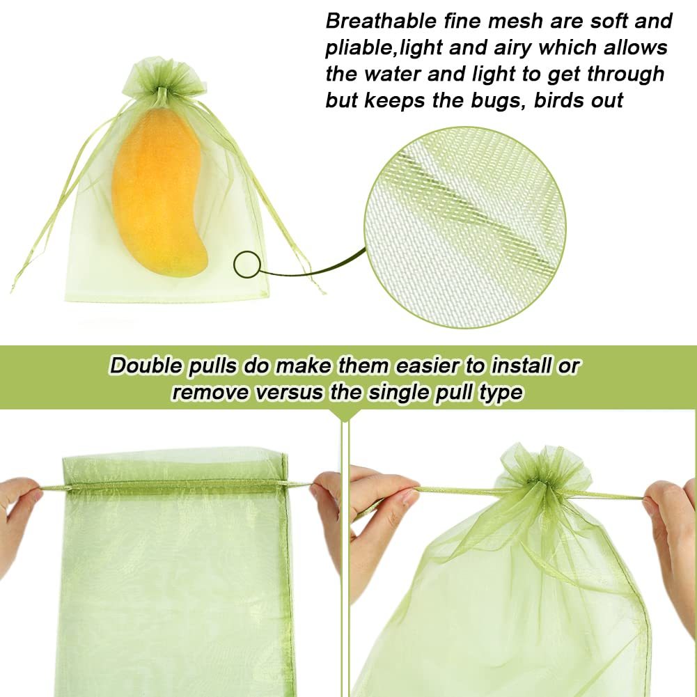 100Pcs Drawstring Fruit Protection Bags, 6x9 Inch Green Mesh Pest Barrier Covers, Protective Net Bags for Tomatoes, Mango Trees, Vegetables and Garden Plants