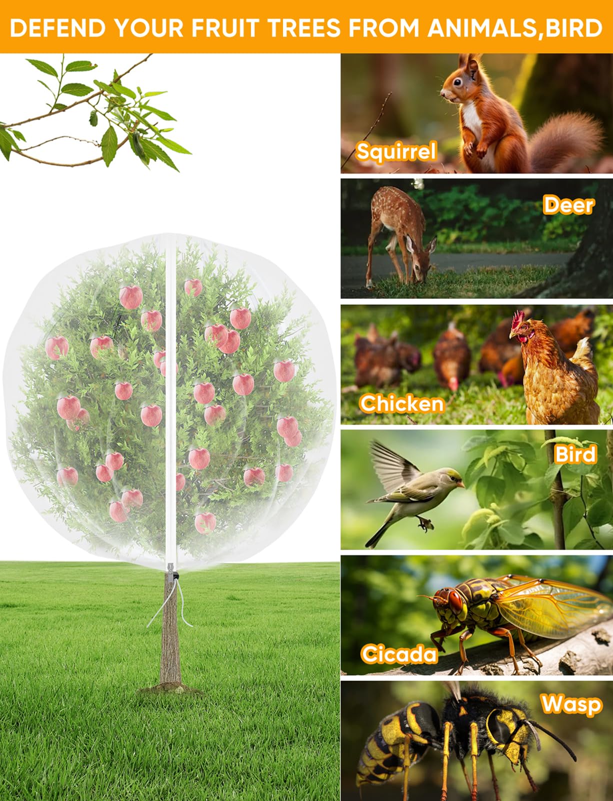 2 Pack 6x5.3FT Fruit Tree Protection Netting with Zipper & Drawstring, Breathable Pest Barrier Cover Against Cicadas, Birds & Insects for Apple, Cherry Trees, Blueberry Bushes and Tomatoes