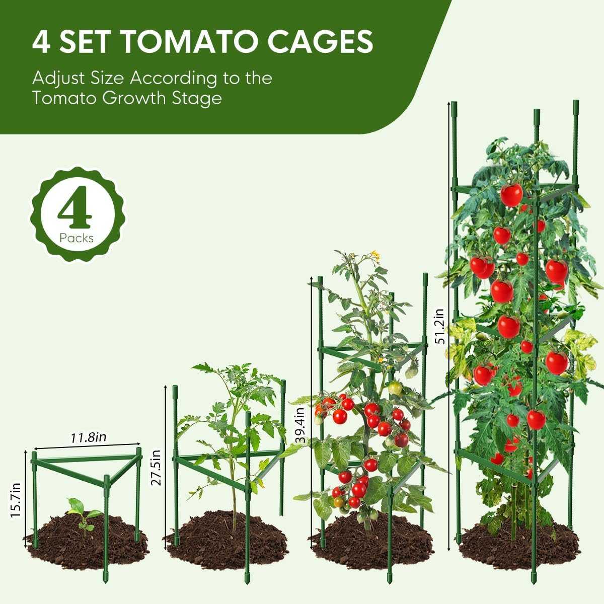 4 Pack 51.2 Inch Tall Tomato Cages, Heavy Duty Garden Plant Trellis for Raised Beds & Pots, Climbing Vegetable Support Stands