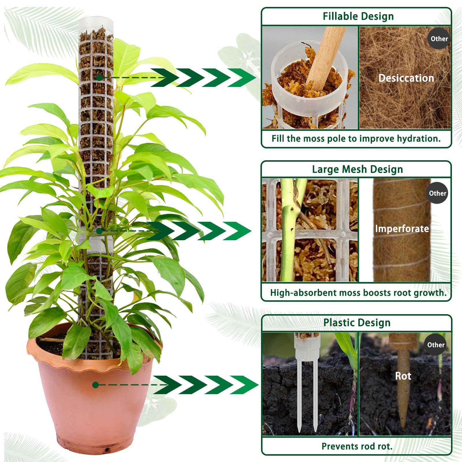 4 Pack Small Stackable Moss Pole, White Refillable Plastic Plant Support with Large Mesh Design, Climbing Plant Moss Pole for Monstera