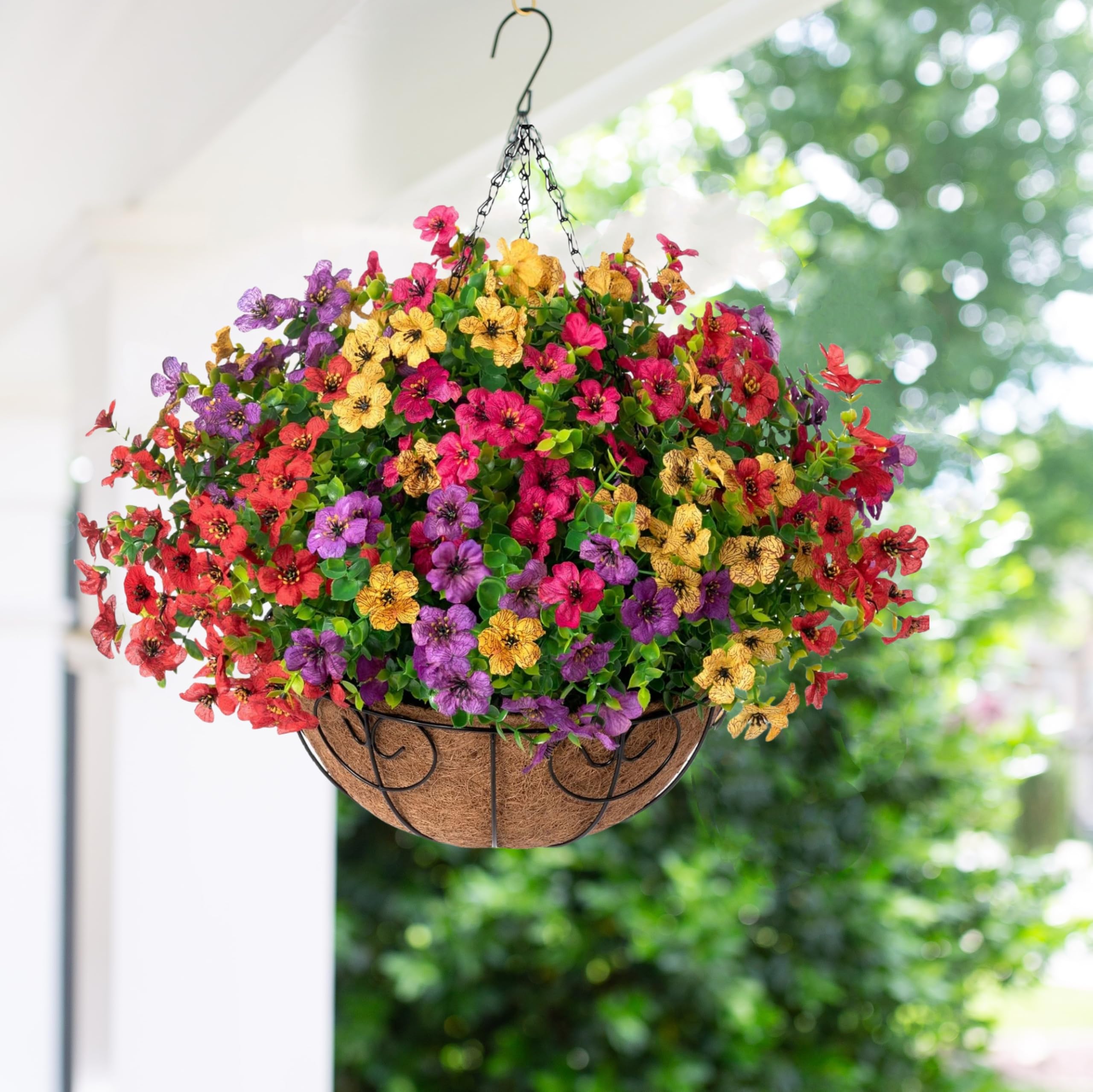Artificial Hanging Plants with Basket, UV Resistant Fake Daisy & Eucalyptus, Faux Silk Colorful Flowers for Summer Outdoor Patio Balcony Porch Yard Home Decoration