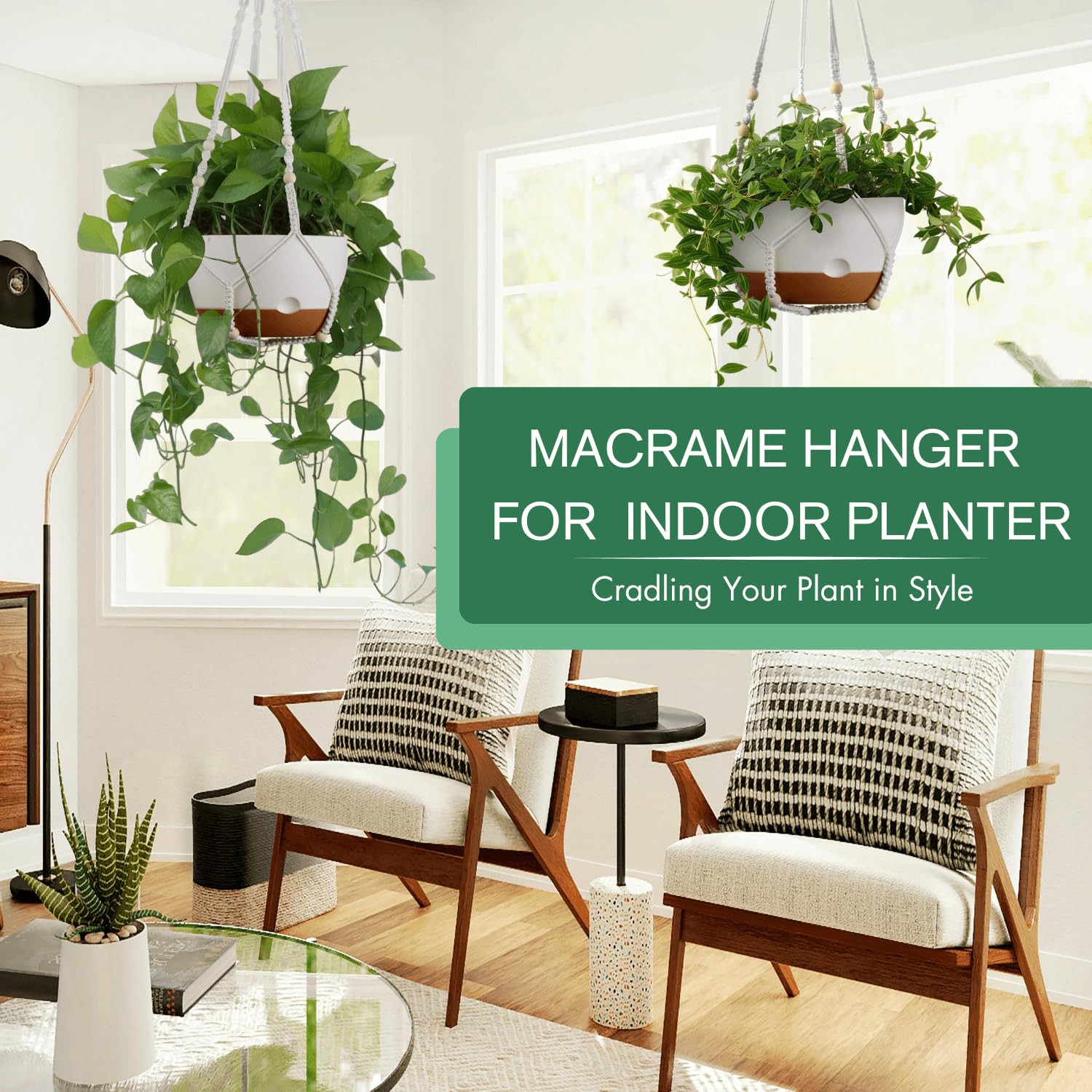 Set of 2 Pcs 10 Inch Self-Watering Hanging Planters, White Hanging Plant Pots with Drainage Hole, Outdoor Indoor Plant Baskets with 2 Types of Hangers