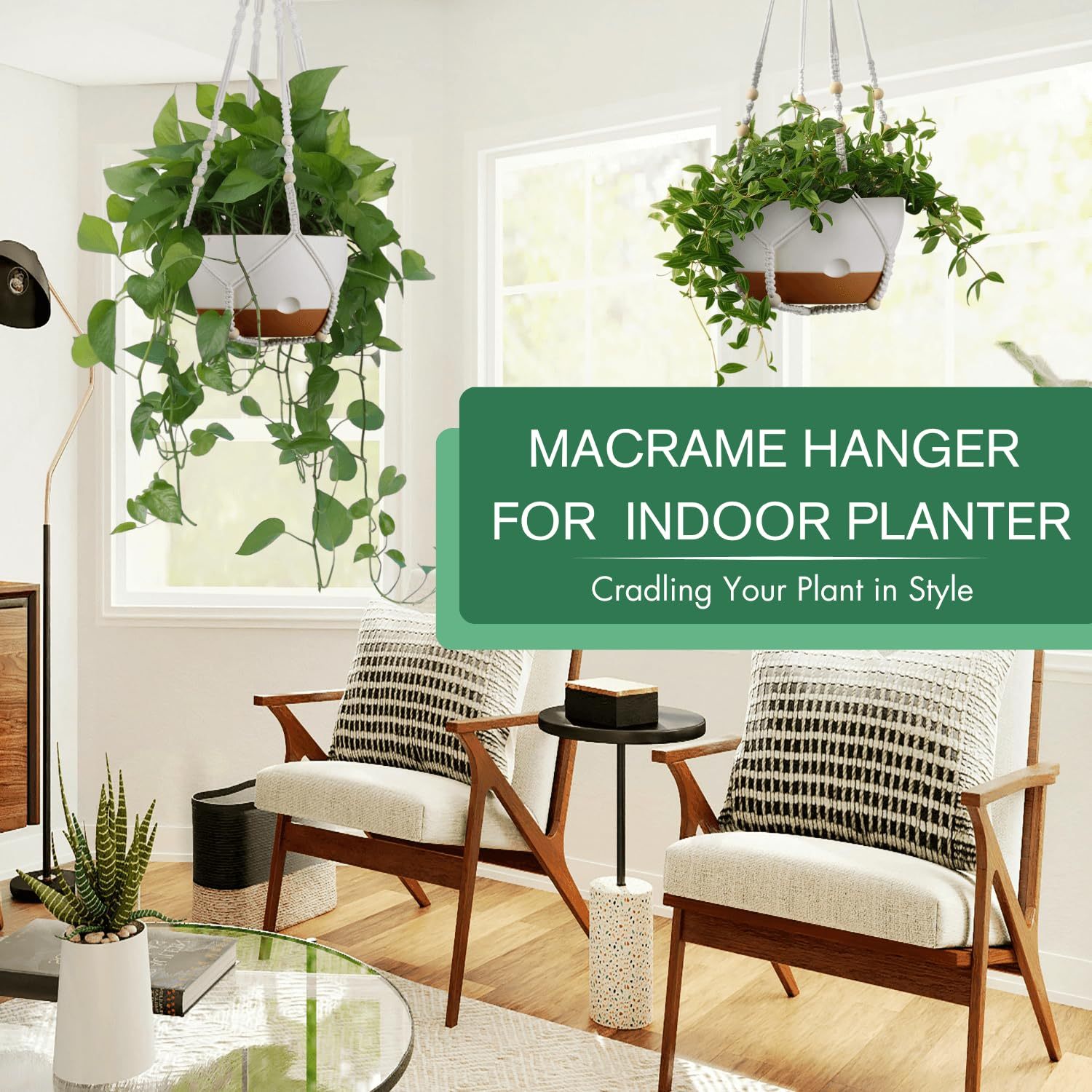 Set of 2 Pcs 10 Inch Self-Watering Hanging Planters, White Hanging Plant Pots with Drainage Hole, Outdoor Indoor Plant Baskets with 2 Types of Hangers