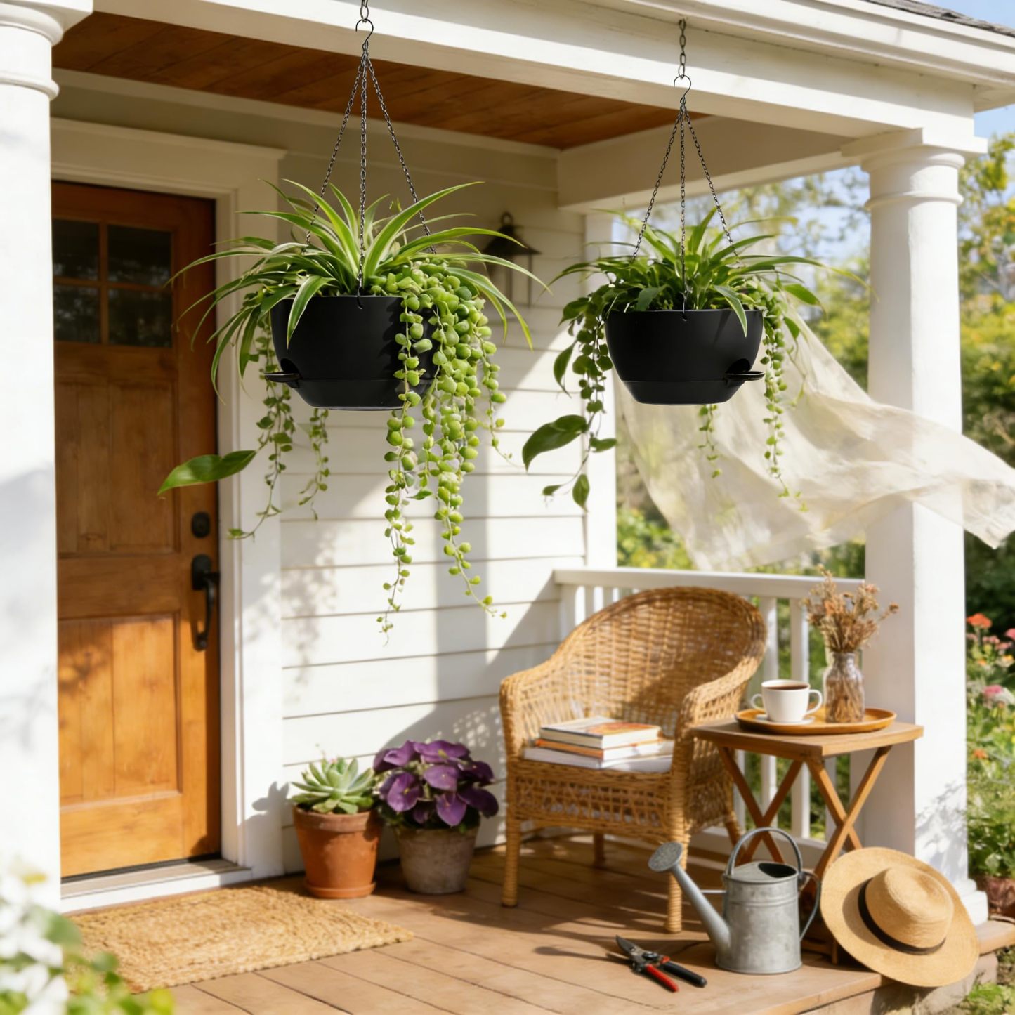 2 Pack 13 Inch Large Self Watering Hanging Planters, Plastic Hanging Plant Pots with Removable 50 Oz Water Reservoir, Indoor Outdoor Hanging Basket for Window, Porch, Garden, Balcony