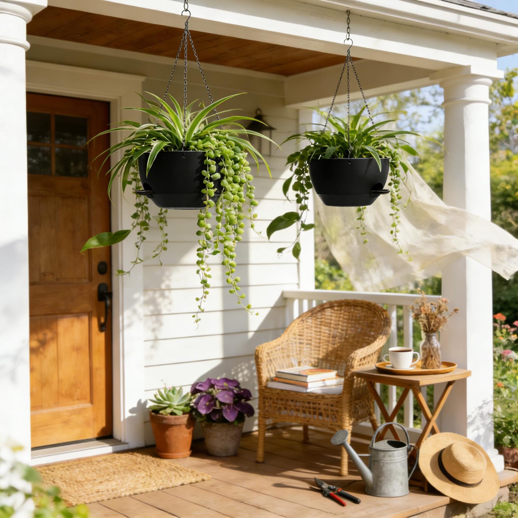 2 Pack 13 Inch Large Self Watering Hanging Planters, Plastic Hanging Plant Pots with Removable 50 Oz Water Reservoir, Indoor Outdoor Hanging Basket for Window, Porch, Garden, Balcony