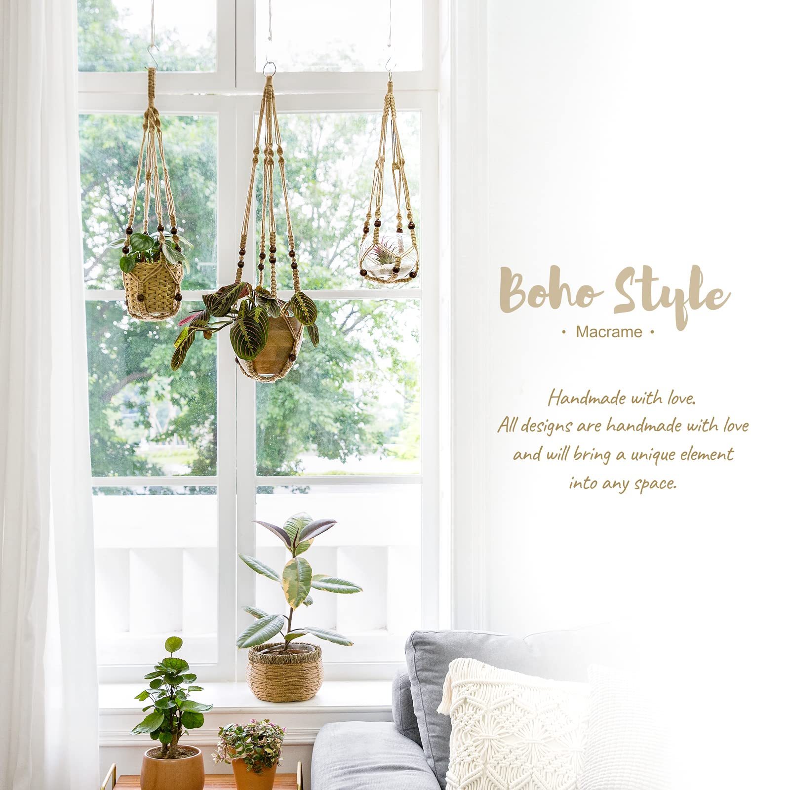 3 Pcs Tassel-Free Macrame Plant Hangers, Beaded Hanging Planter Baskets, Indoor Flower Pot Holders in 23/29/35 Inch