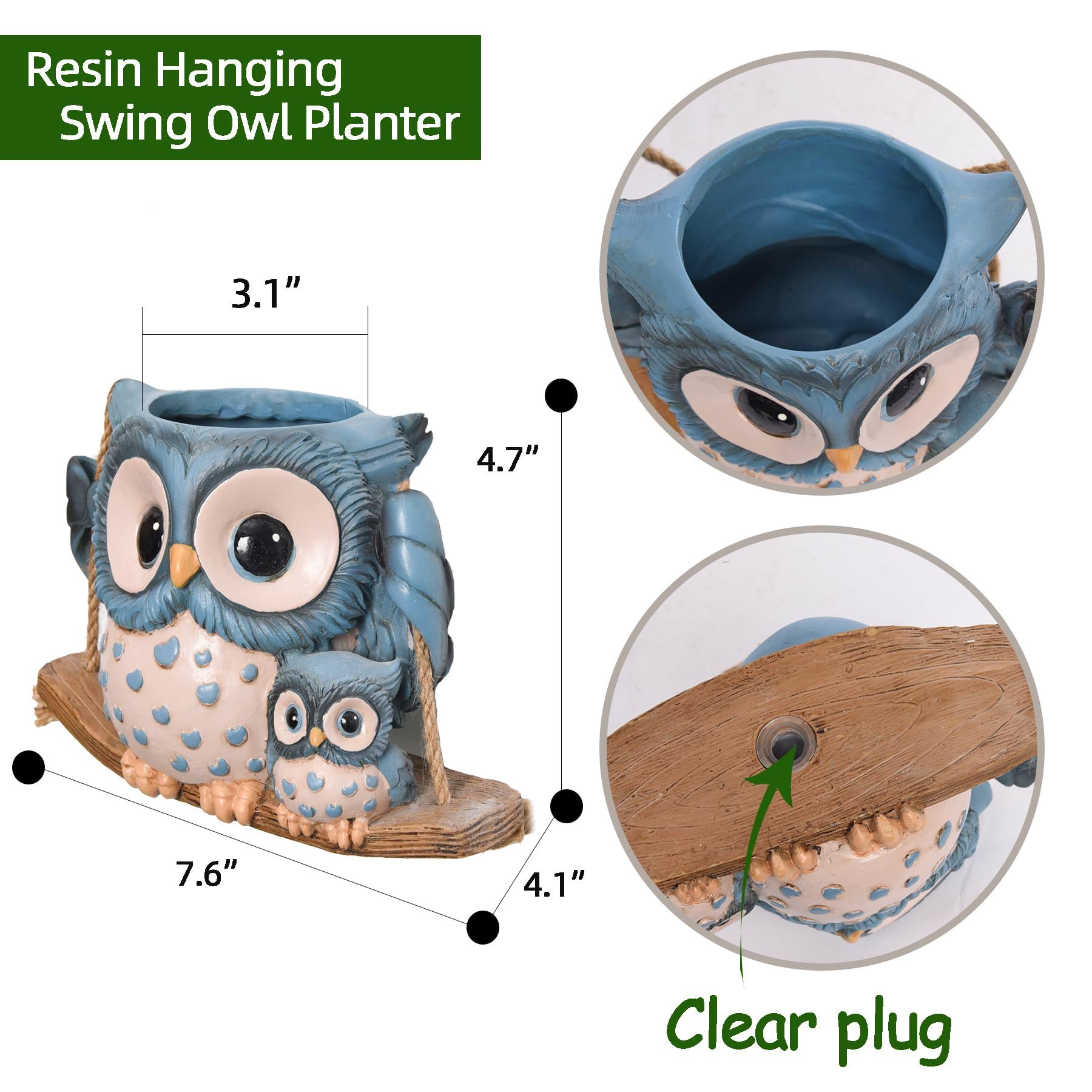 Cute Swing Owl Hanging Planters, Resin Hanging Plant Pots with Drainage Hole, Small Succulent Planter for Indoor Outdoor, Unique Plant Hanger for String of Pearls, Mother's Day Gift