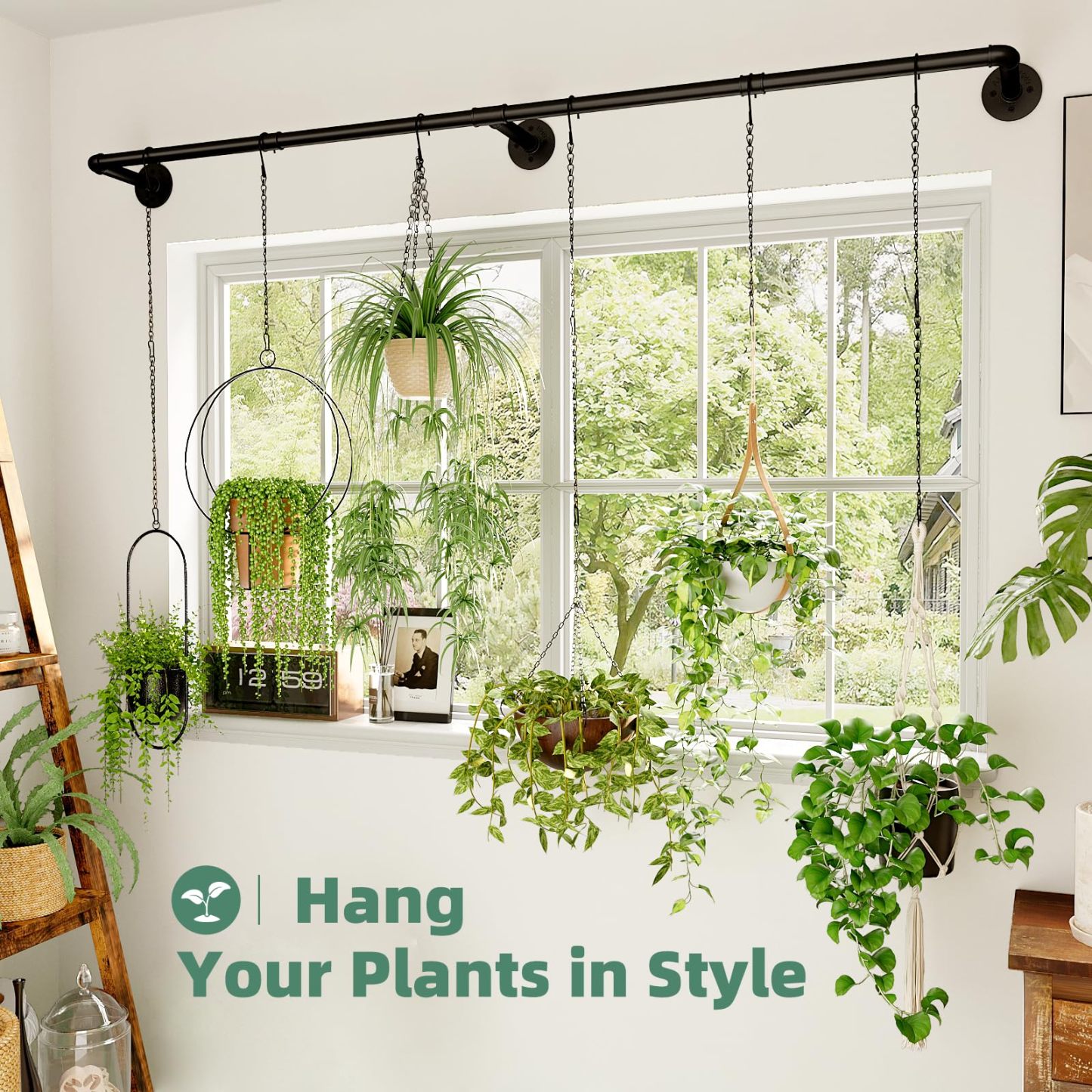 Galood Metal Plant Hanger with 6 Hanging Chains, Adjustable Window Plant Rod, Black Hanging Plant Shelf for Indoor Plants, 70.8 Inch, Planter Pot Not Included