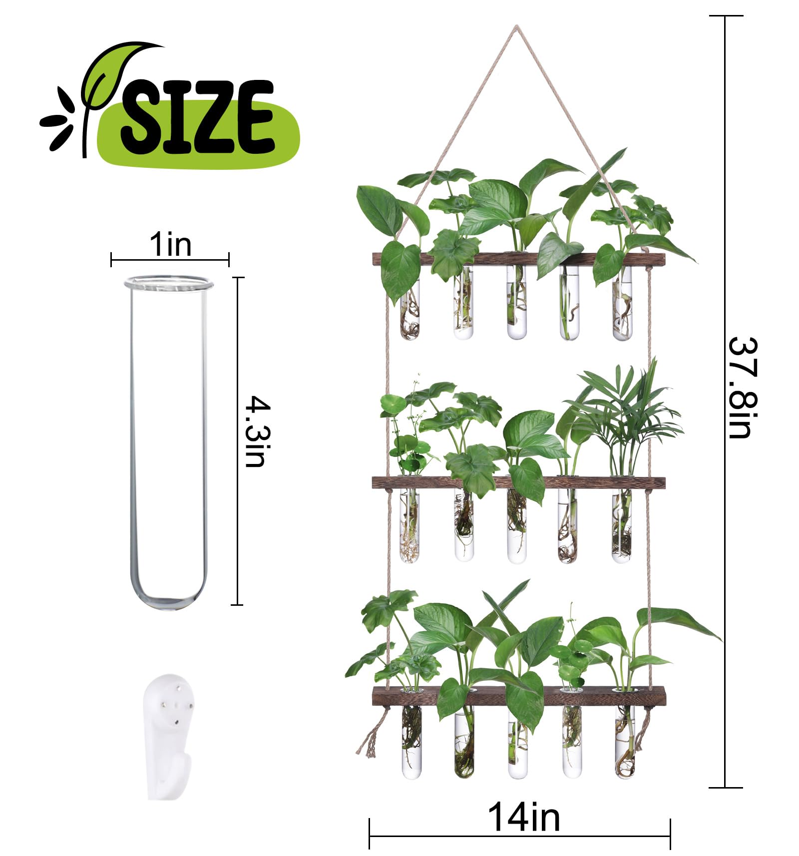 3-Tiered Wall Hanging Propagation Station, Wooden Stand with 5 Glass Test Tubes, Wall Terrarium Plant Hanger for Hydroponic Cuttings, Home Office Wall Decor Flower Vases