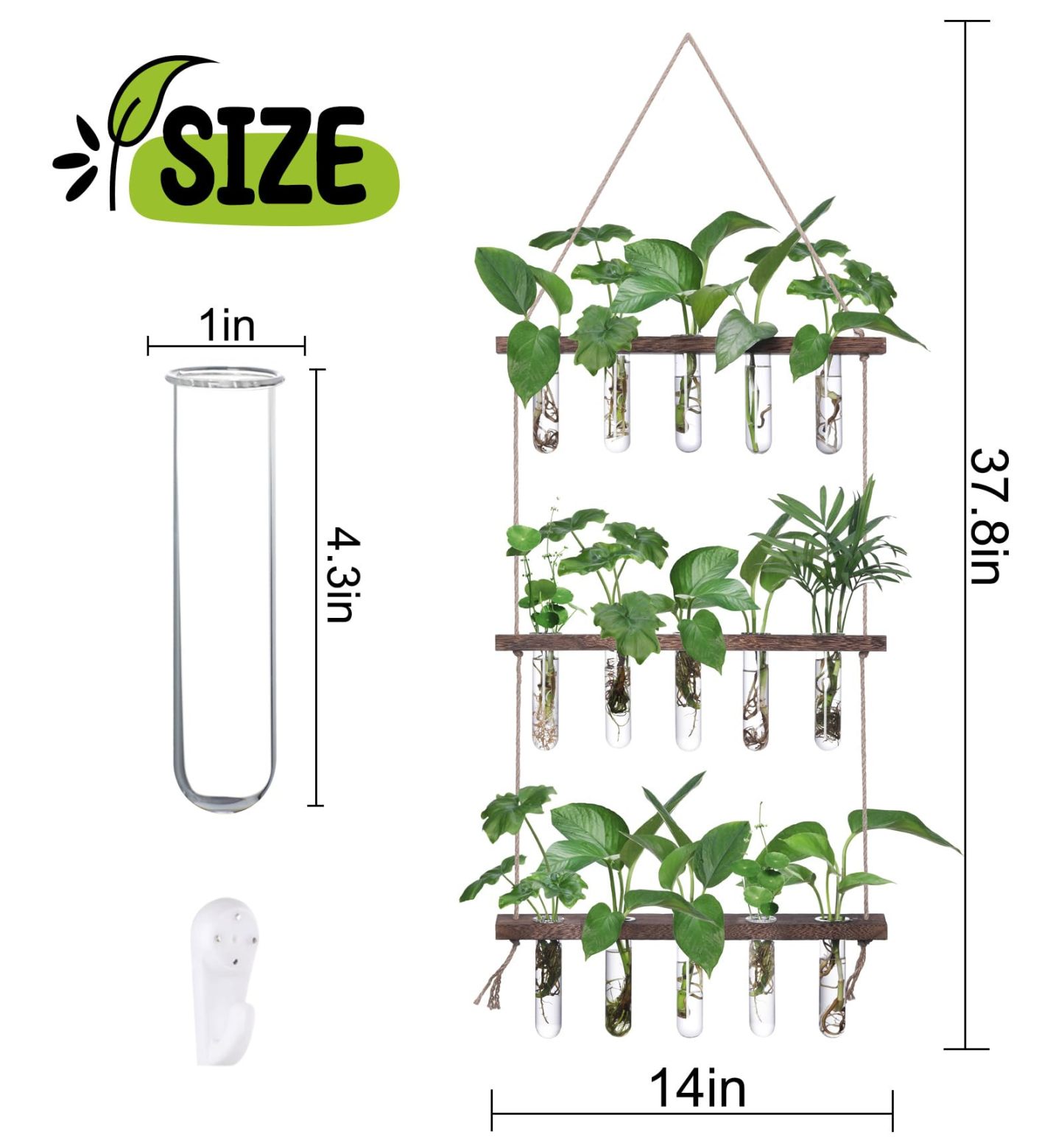 3-Tiered Wall Hanging Propagation Station, Wooden Stand with 5 Glass Test Tubes, Wall Terrarium Plant Hanger for Hydroponic Cuttings, Home Office Wall Decor Flower Vases