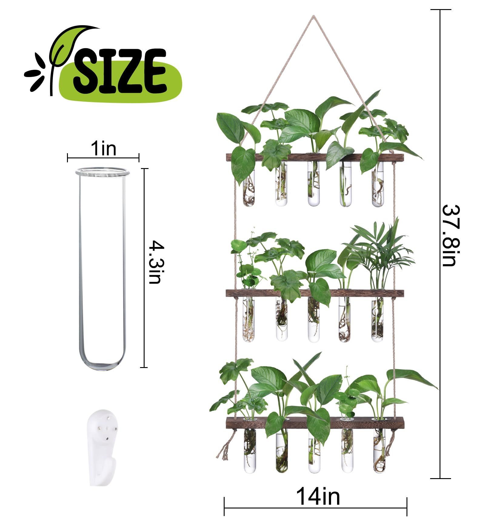 3-Tiered Wall Hanging Propagation Station, Wooden Stand with 5 Glass Test Tubes, Wall Terrarium Plant Hanger for Hydroponic Cuttings, Home Office Wall Decor Flower Vases