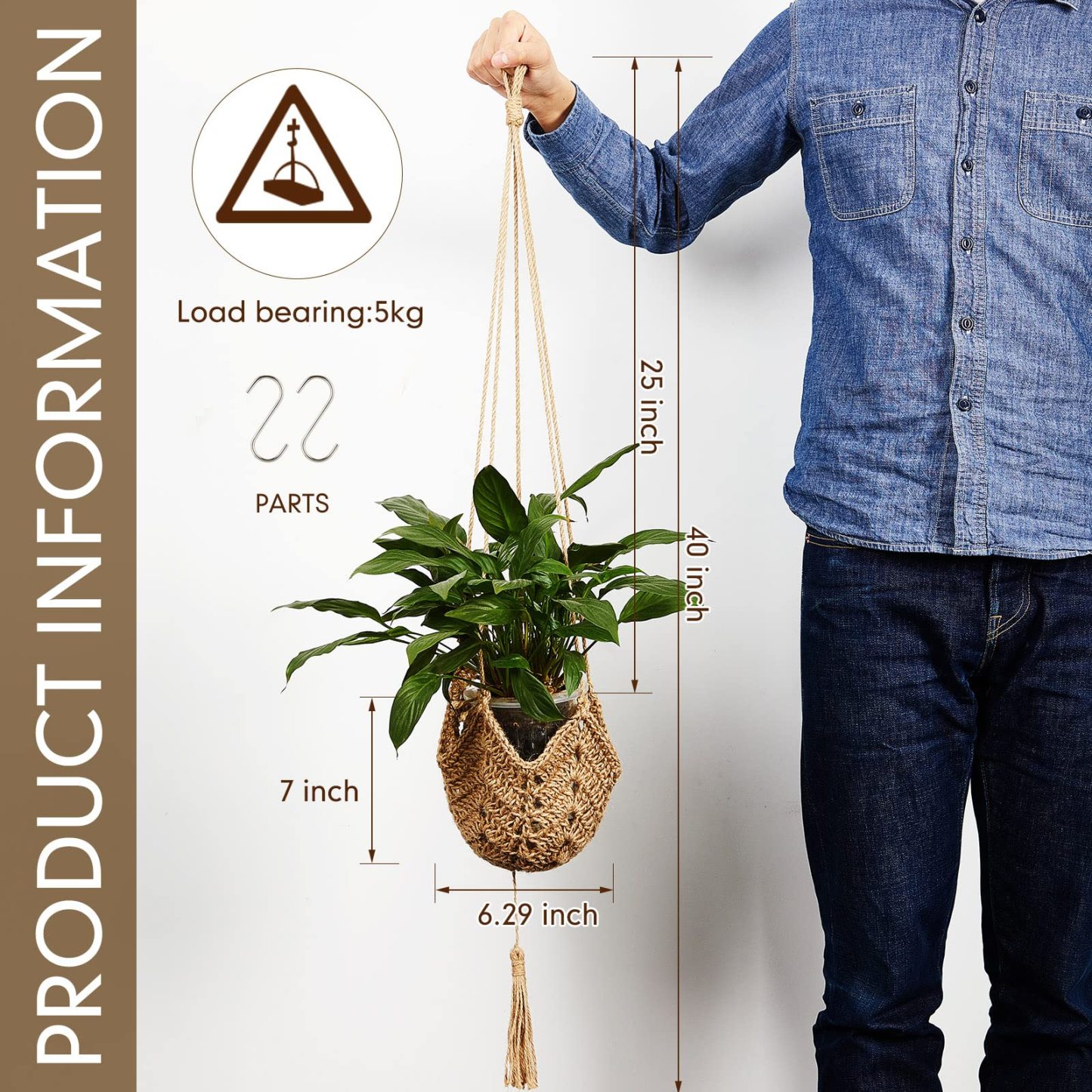 2 Pack Jute Crochet Plant Hanger, Long Macrame Plant Holder Rope with S-Hooks, Fits 3–12 Inch Pots, Boho Wall Hanging Decor for Halloween & Home