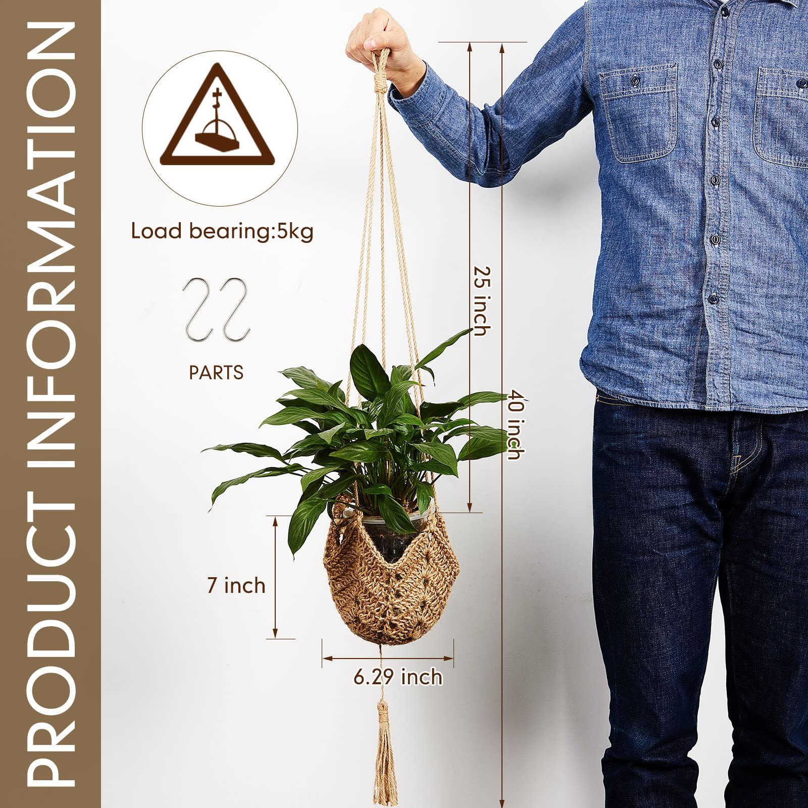 2 Pack Jute Crochet Plant Hanger, Long Macrame Plant Holder Rope with S-Hooks, Fits 3–12 Inch Pots, Boho Wall Hanging Decor for Halloween & Home