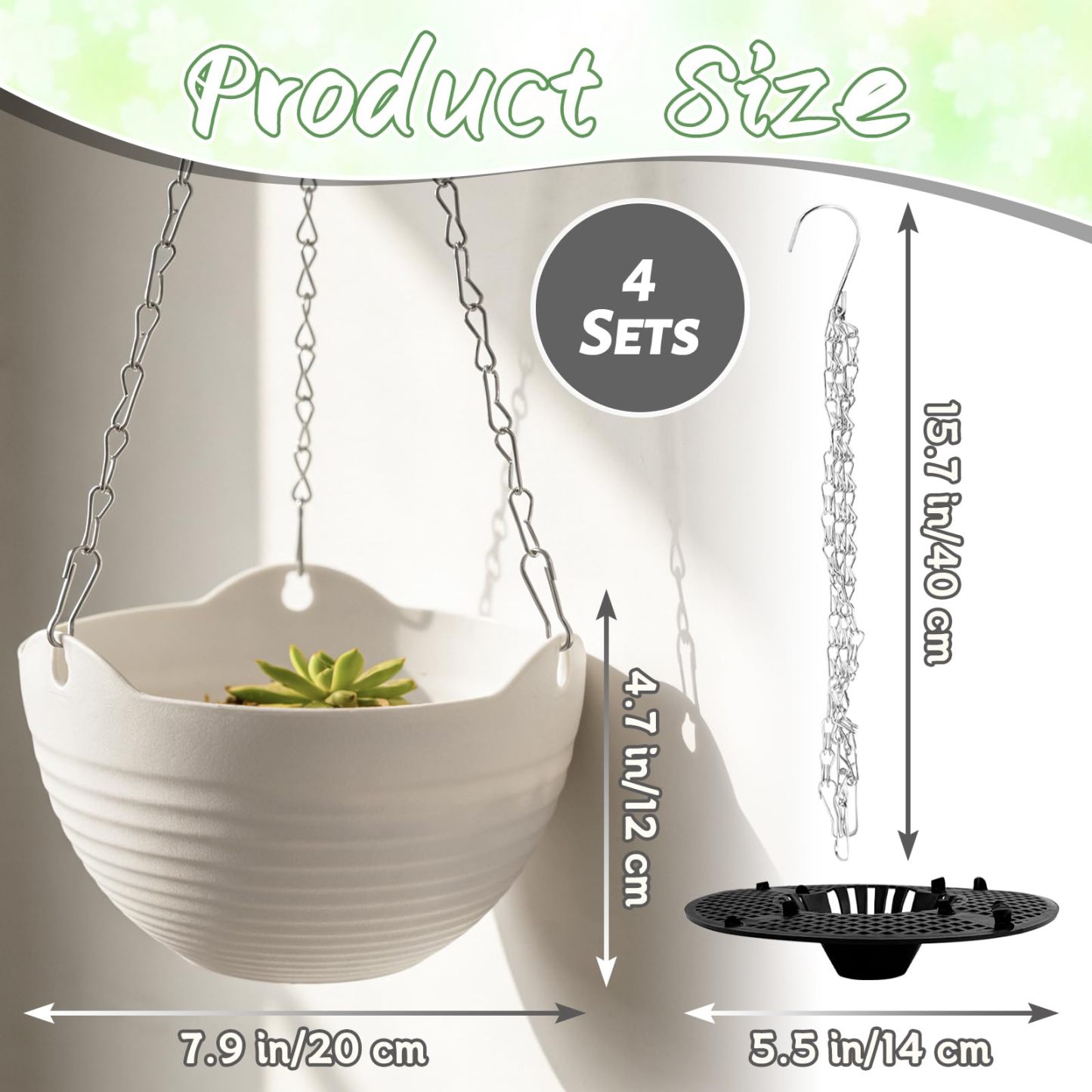 4 Pack 8 Inch White Hanging Planters, Self-Watering Round Plant Pots with Metal Chains & Water Tray, Indoor Outdoor Hanging Baskets for Garden Porch Wall Decor