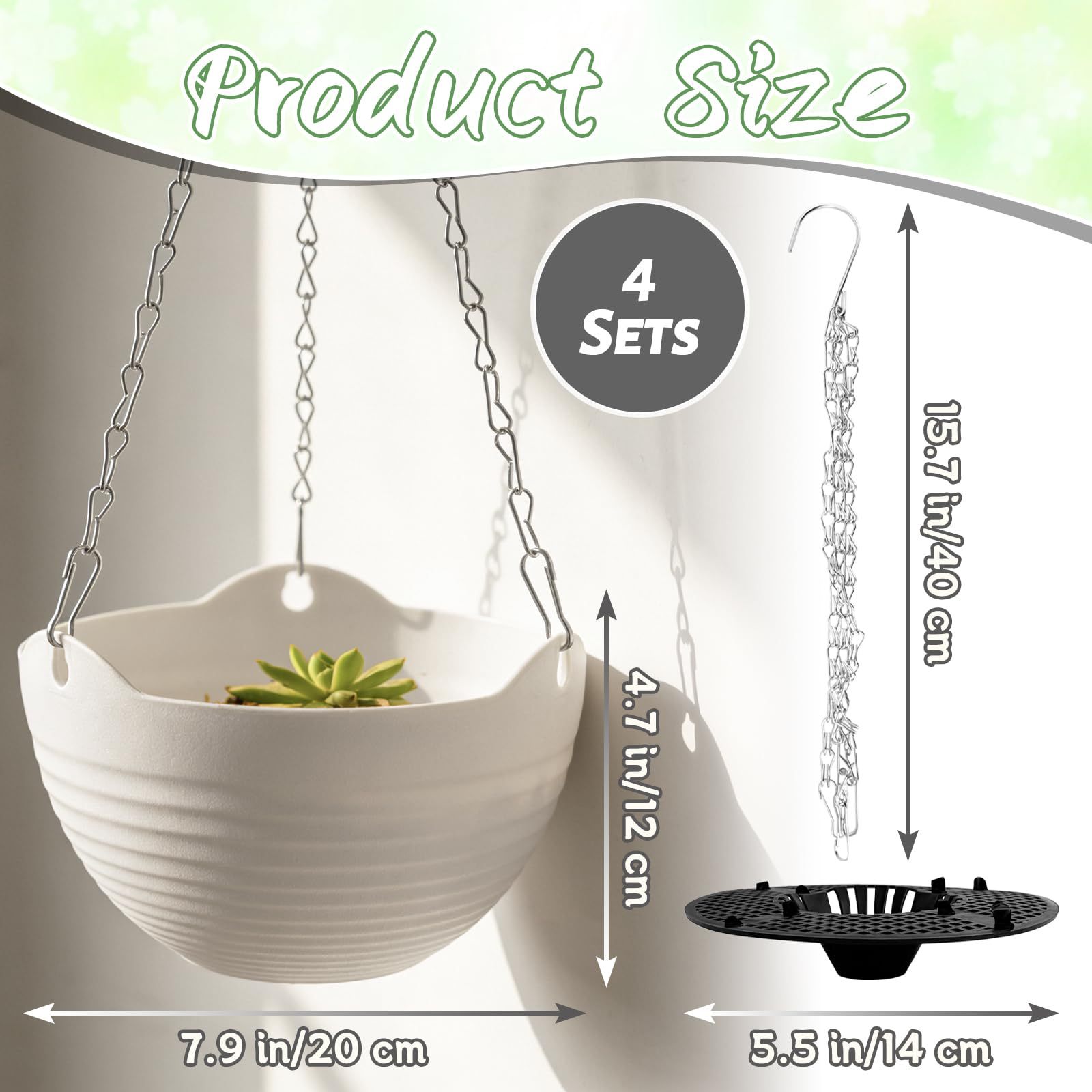4 Pack 8 Inch White Hanging Planters, Self-Watering Round Plant Pots with Metal Chains & Water Tray, Indoor Outdoor Hanging Baskets for Garden Porch Wall Decor