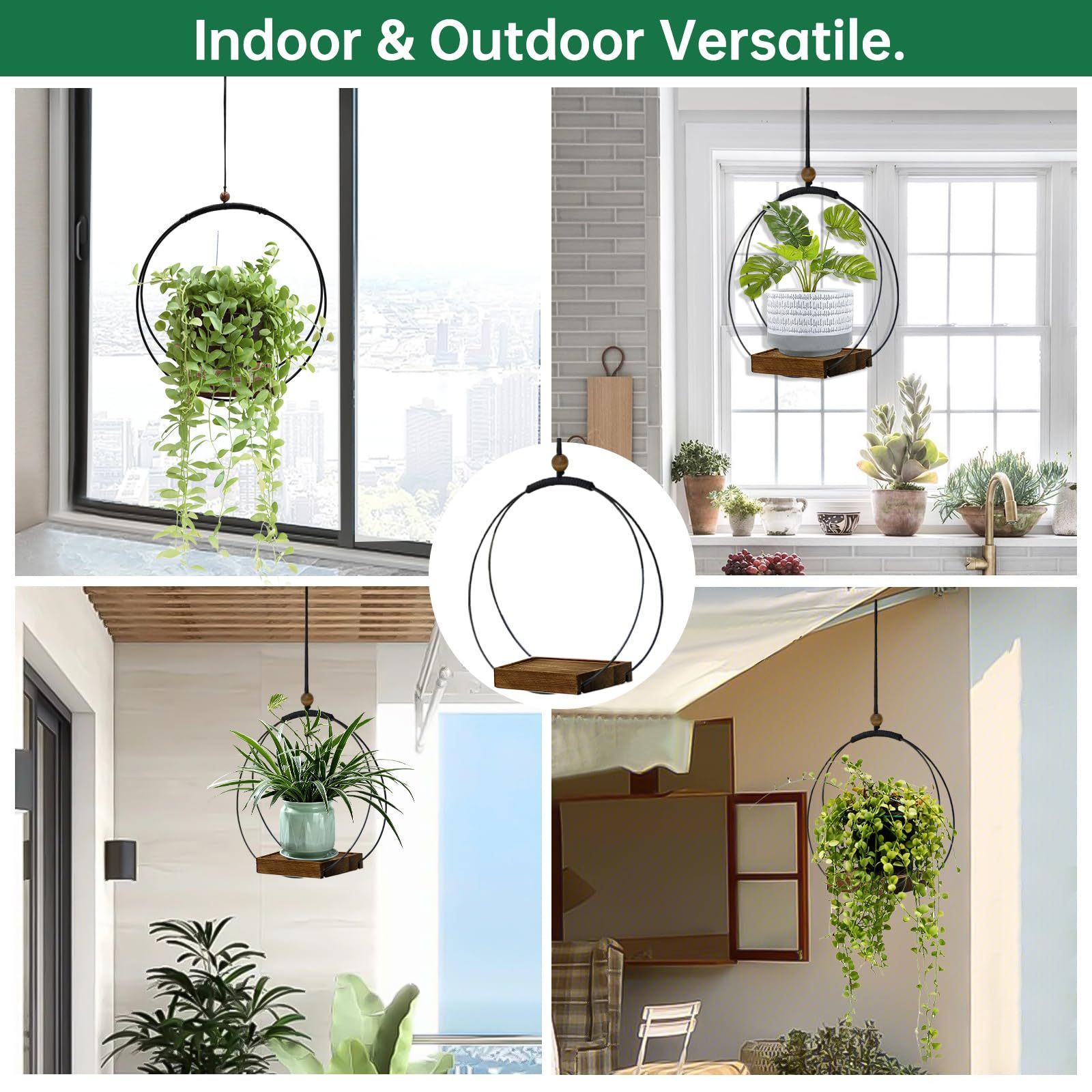 Modern Boho Macrame Plant Hanger, Black Indoor Hanging Planter with Sturdy Wood Base, Wall Ceiling Window Plant Holder for 3–5.5 Inch Pots, Home Decor, Pot Not Included