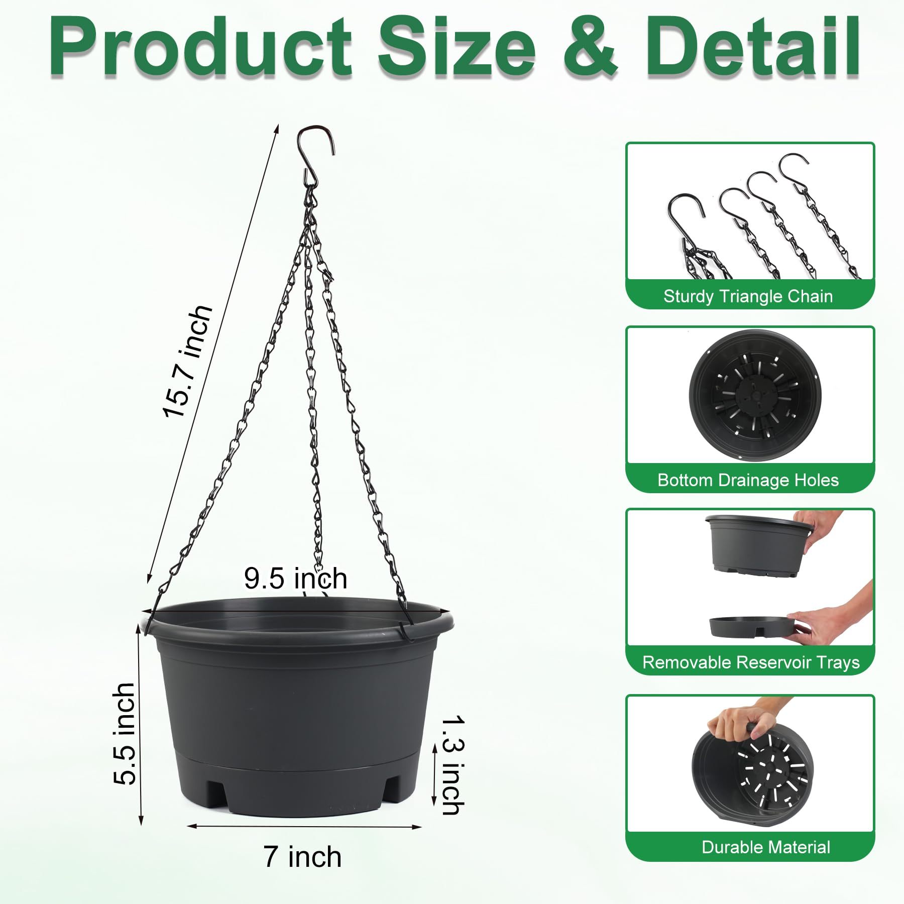 4 Pack 10 Inch Hanging Planters, Round Plastic Hanging Baskets with Removable Tray and 15.7 Inch Metal Chain, Indoor Outdoor Hanging Flower Pots for Garden Porch Balcony Patio Decor