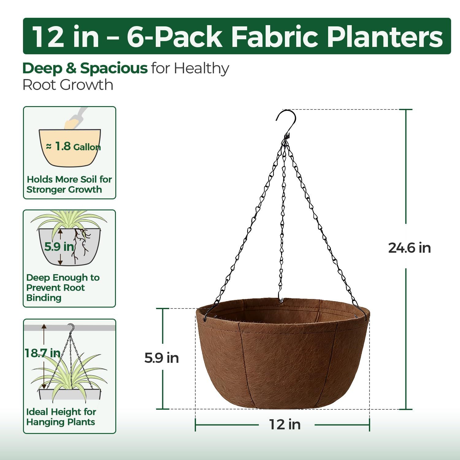 6 Pack 12 Inch Fabric Hanging Planters, Soft Hanging Baskets with Drainage Tray, Breathable Hanging Plant Pots for Outdoor Patio Porch Garden Decor
