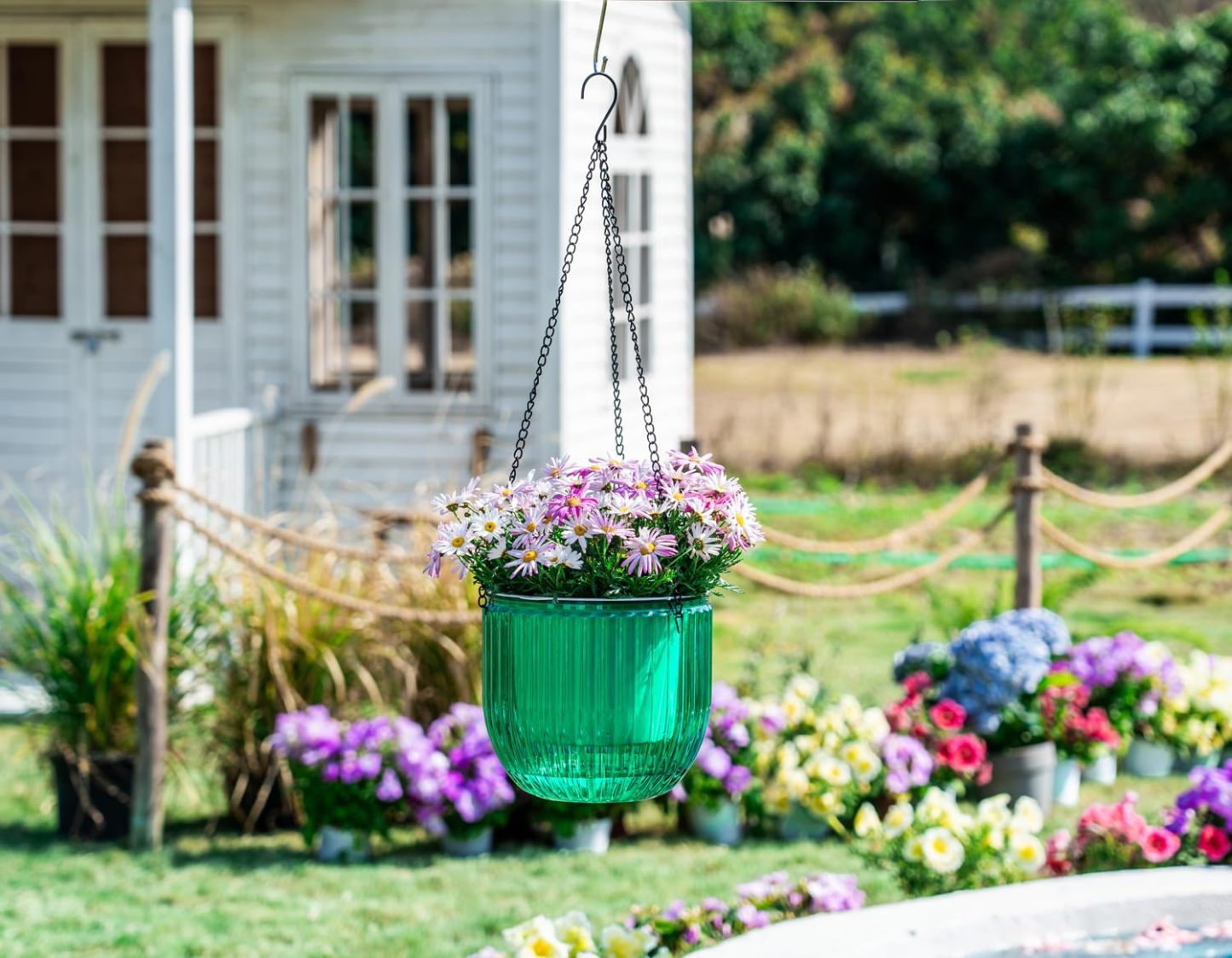 1 Pack 8.3 Inch Self Watering Hanging Planter, Indoor Outdoor Hanging Flower Pot Basket with 3 Hooks and Drainage Holes for Home Garden Decor