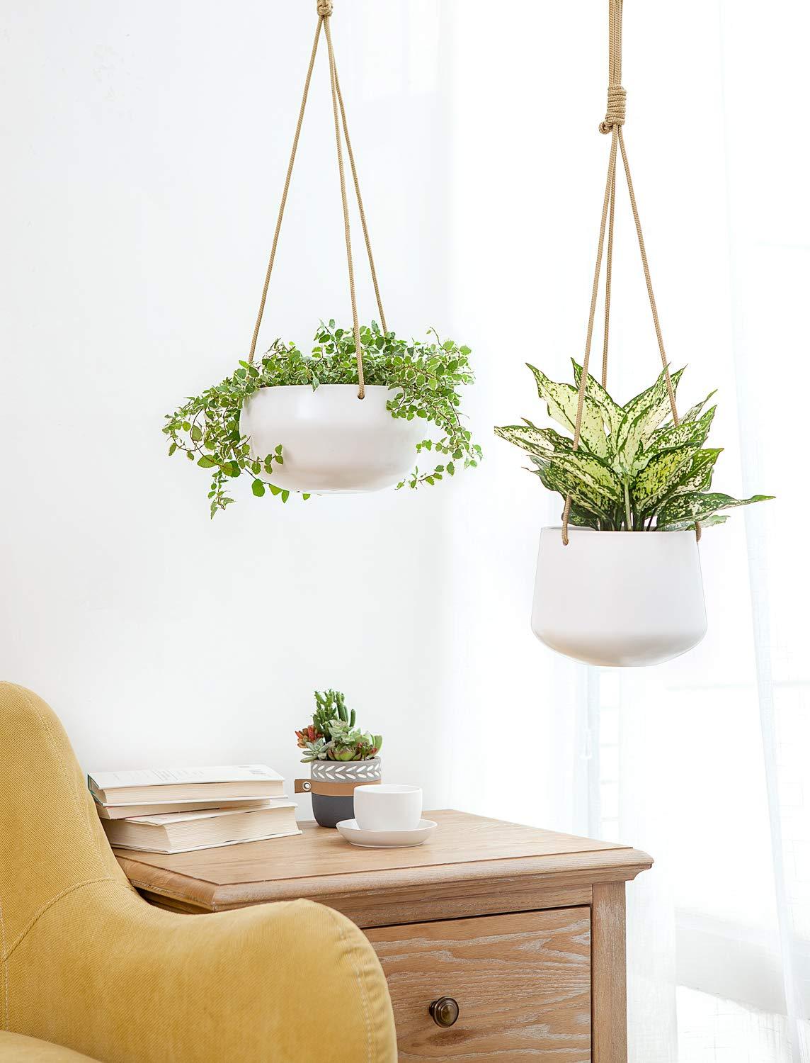 Set of 2 Ceramic Hanging Planters, Modern Geometric Porcelain Hanging Basket, 8 Inch Shallow & 6 Inch Deep Plant Pot with Polyester Rope Hanger for Indoor Outdoor Plants