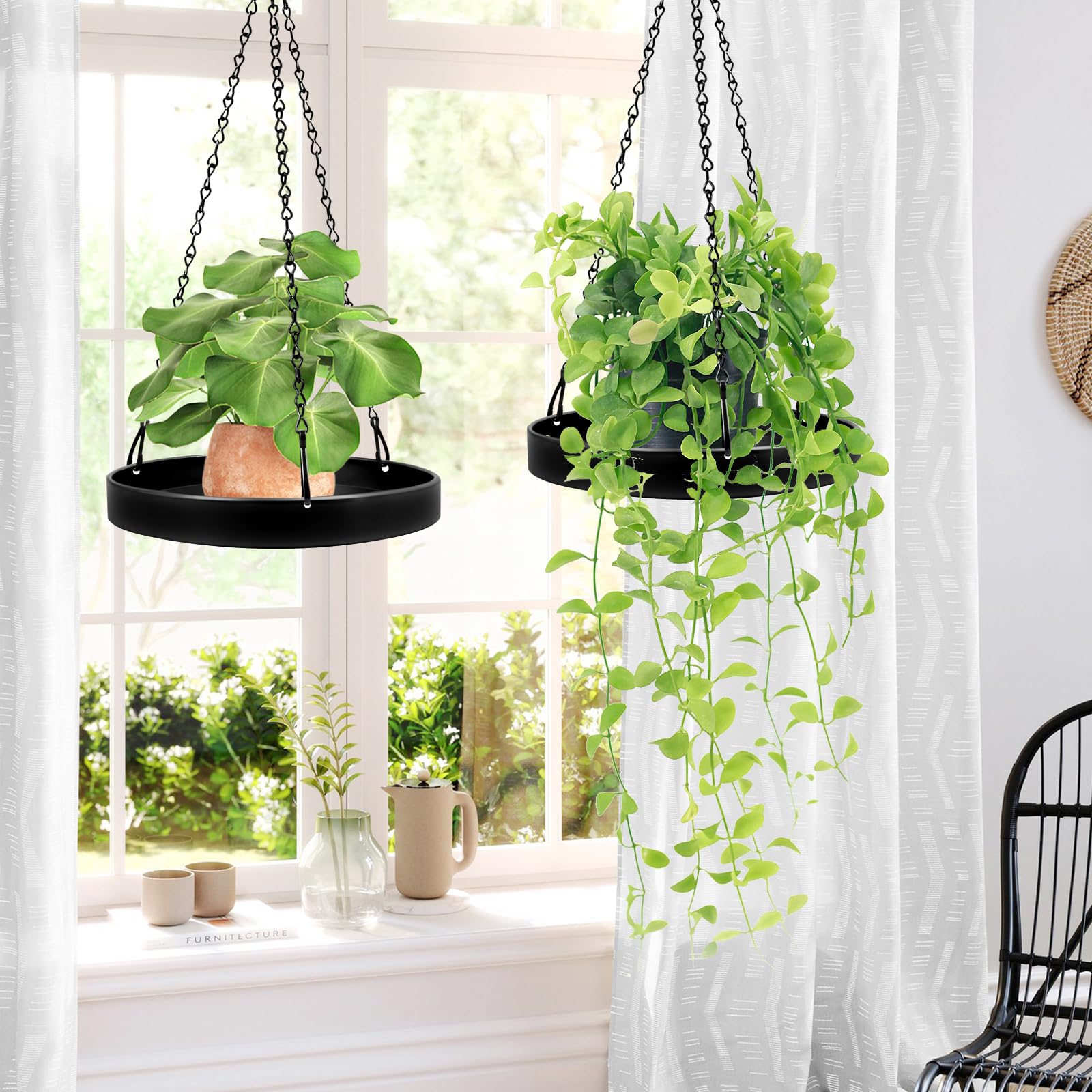 2 Pack Black Metal Plant Hanger, Indoor Outdoor Hanging Planter Basket with Tray, Window Plant Holder & Hanging Plant Shelf for Plants
