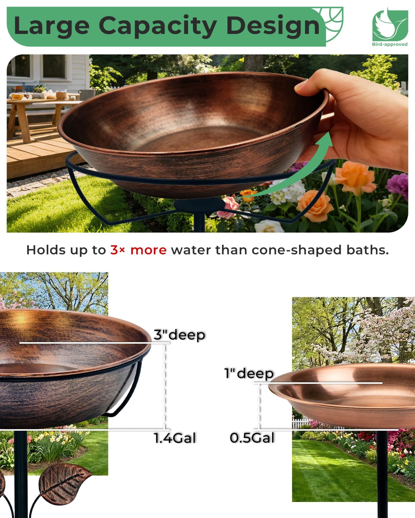 13" Dia 3" Deep Metal Bird Bath for Outdoors, Removable Bowl with Stable Upgrades Stake, 1.4 Gallon Easy Clean Birdbath for Garden Yard Lawn Decoration