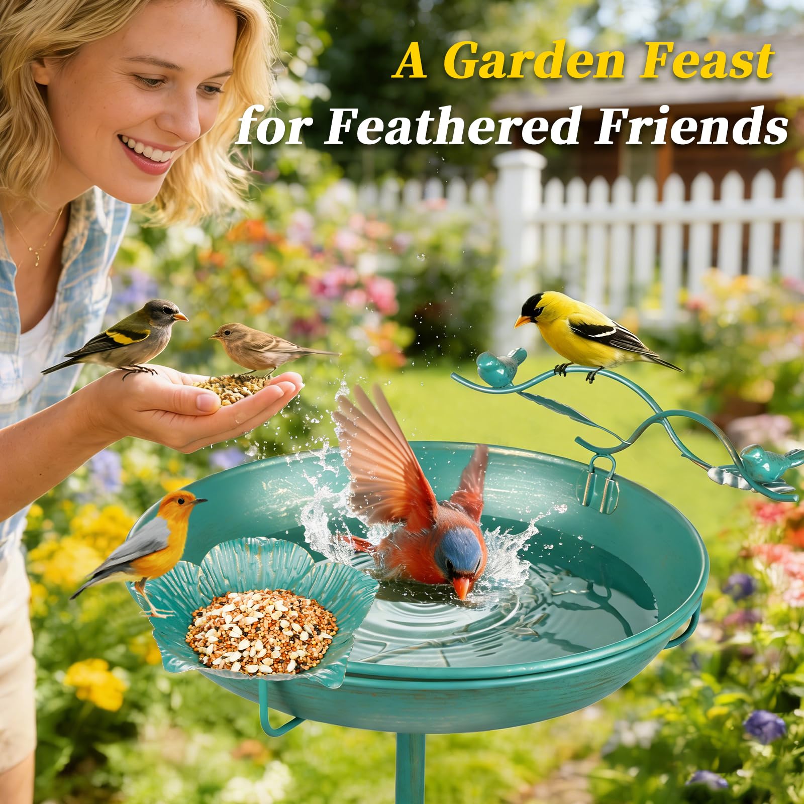 Lake Blue Gold Gilding Metal Bird Bath, 12" Diameter 39" Height Freestanding Birdbath with Perch and Feeder Bowl, Multi-Use Outdoor Decoration for Garden Patio Yard Lawn