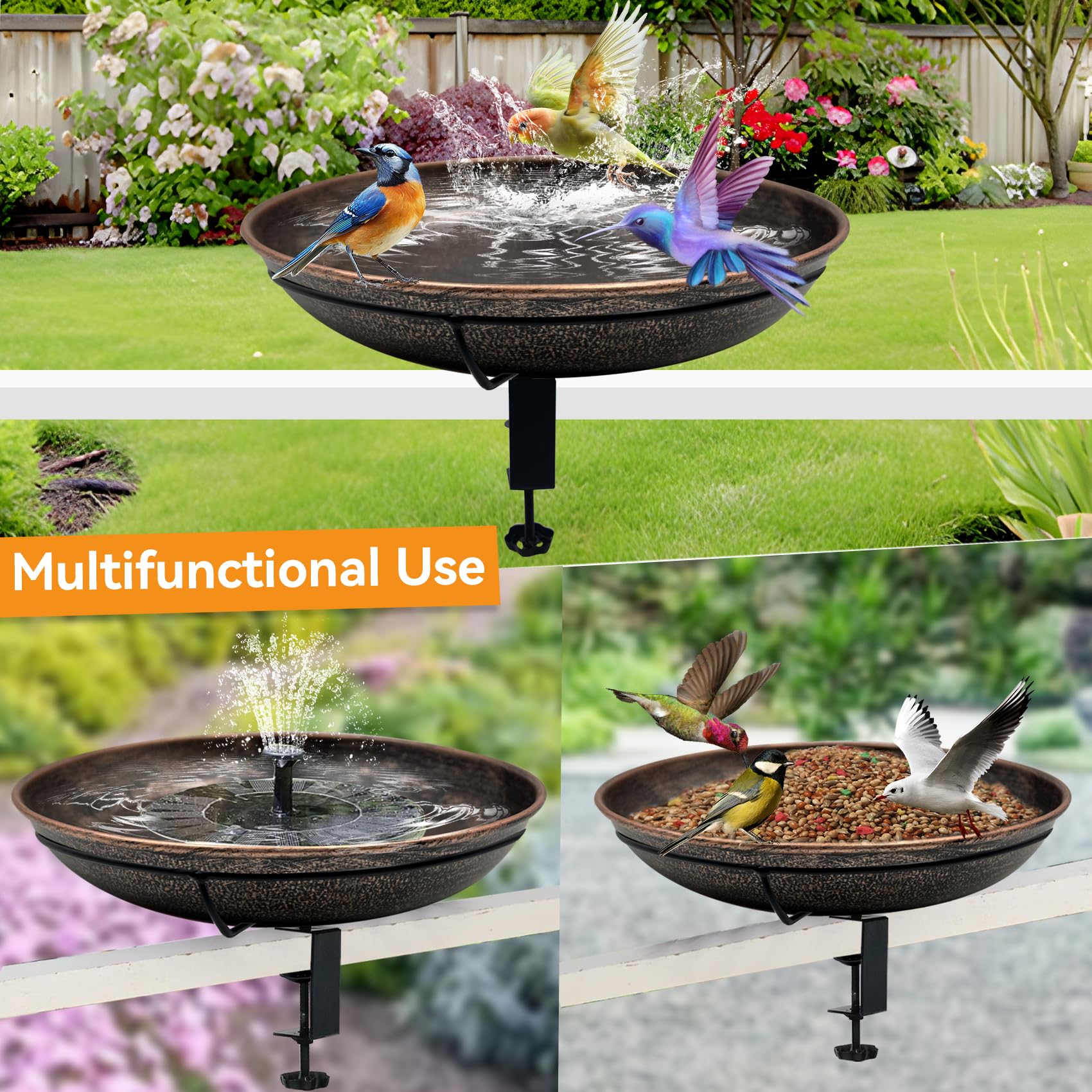 Deck Mounted Metal Bird Bath, 12" Detachable Easy Clean Bowl 0.7 Gallon, Adjustable Sturdy Clamp Birdbath for Railing Balcony Fence Outdoor Decor