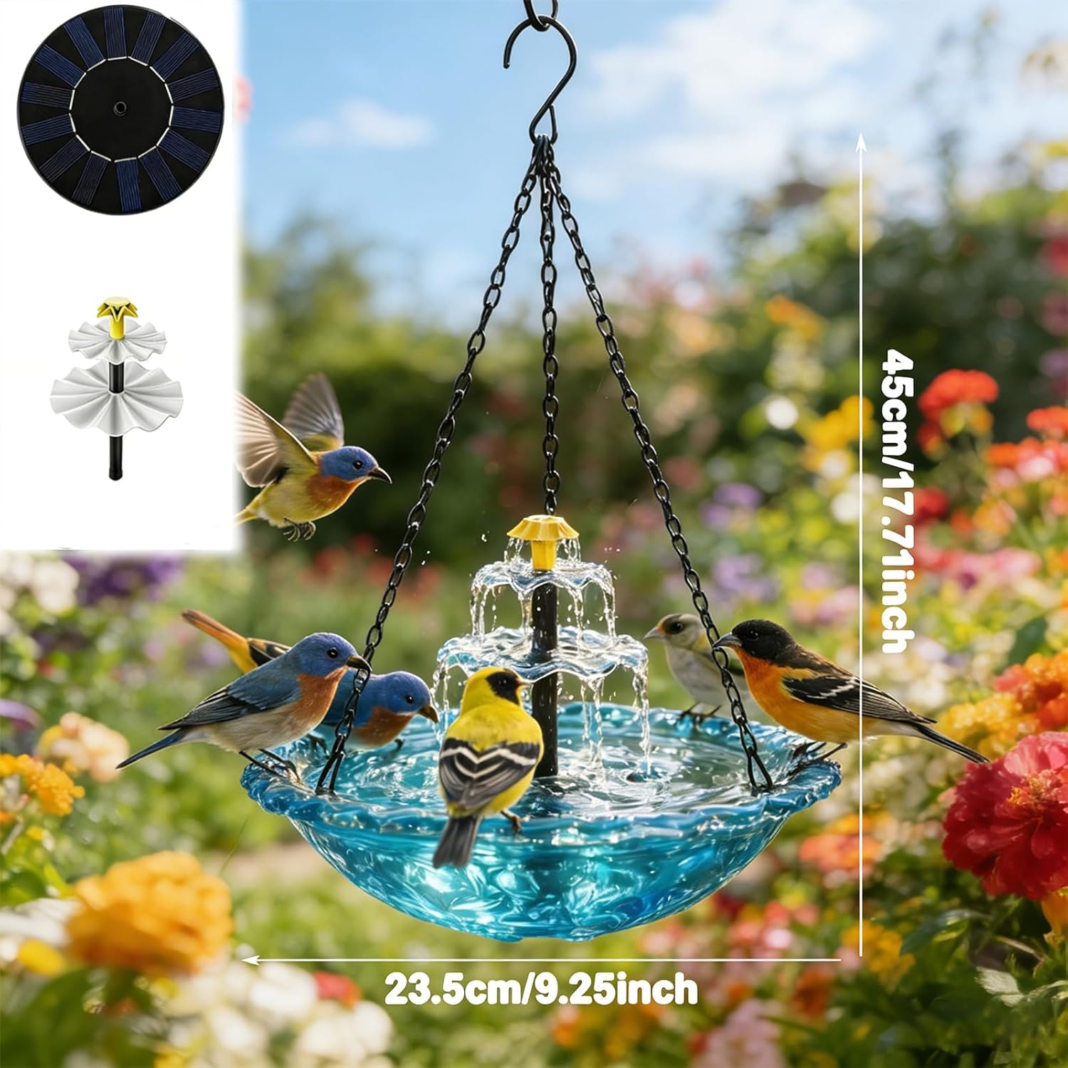 Upgrade 3-Layer Hanging Solar Bird Bath Fountain, Solar Powered Cascading Water Fountain, Outdoor Hummingbird Bath for Garden Yard Patio Backyard Lawn Decor