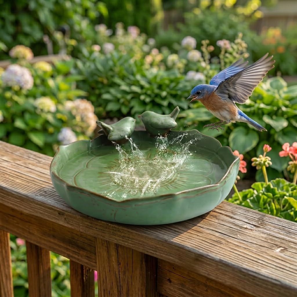 9.45 Inch Ceramic Bird Bath Bowl, Ground Mount Outdoor Bird Bath Feeder for Garden, Tabletop, Deck, Balcony & Lawn