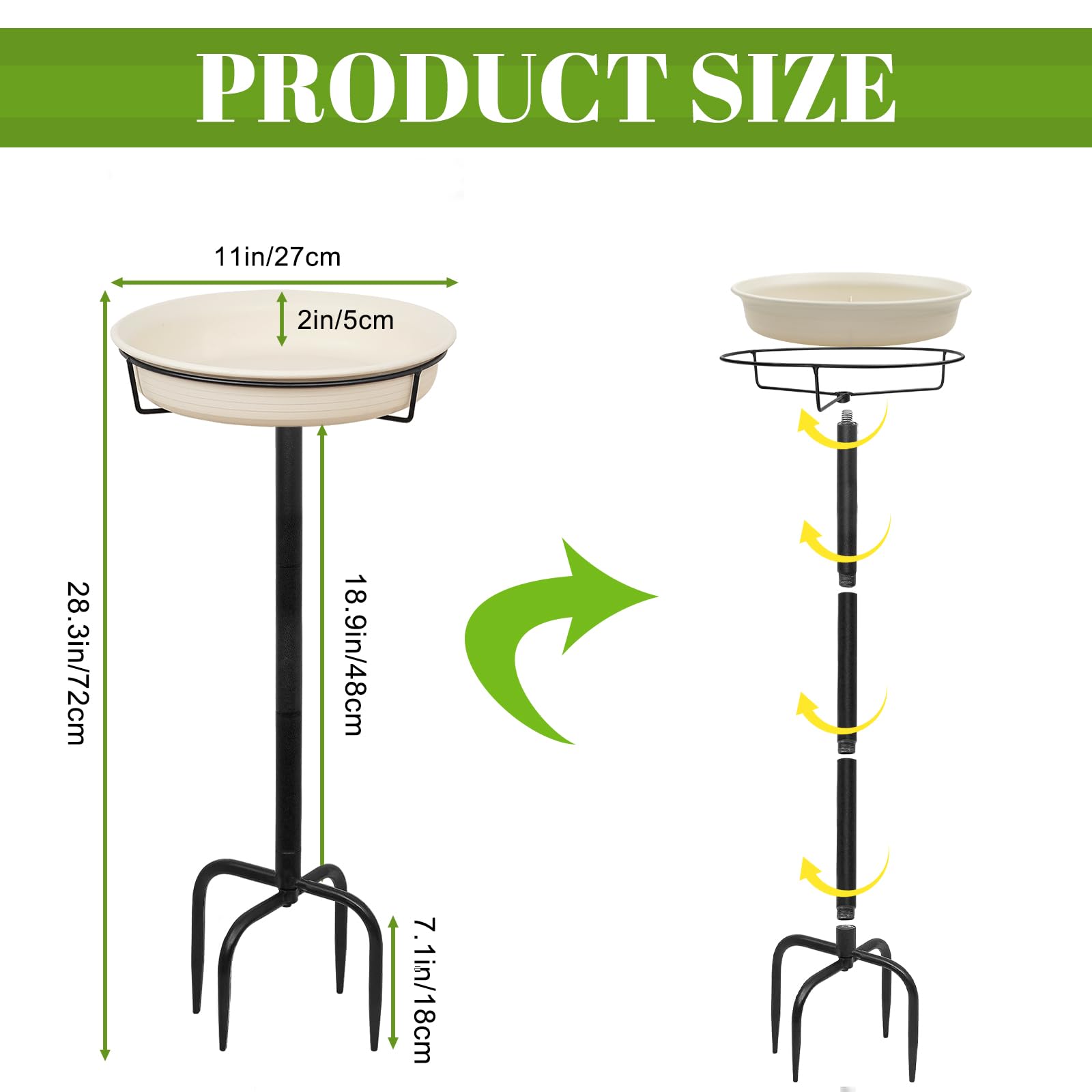 35.5in Heavy Duty Detachable Bird Bath, Metal Stake Stand Bird Bath Bowl Feeder with 4 Spiky Feet for Outdoor Garden Yard