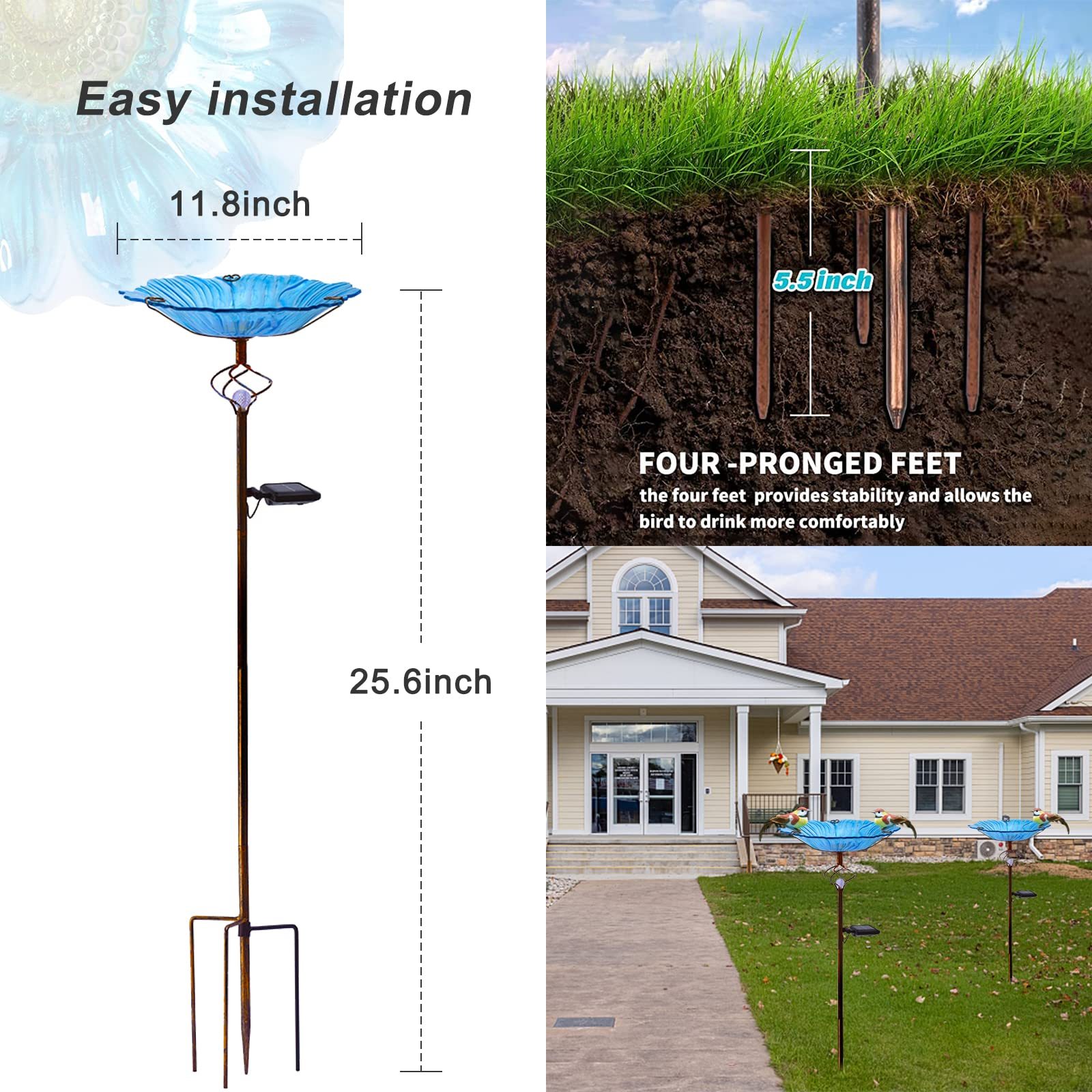 Solar Glass Blue Bird Bath with White LED Light, Metal Stake Yard Art Decor, Outdoor Garden Birdbath Decoration Gift