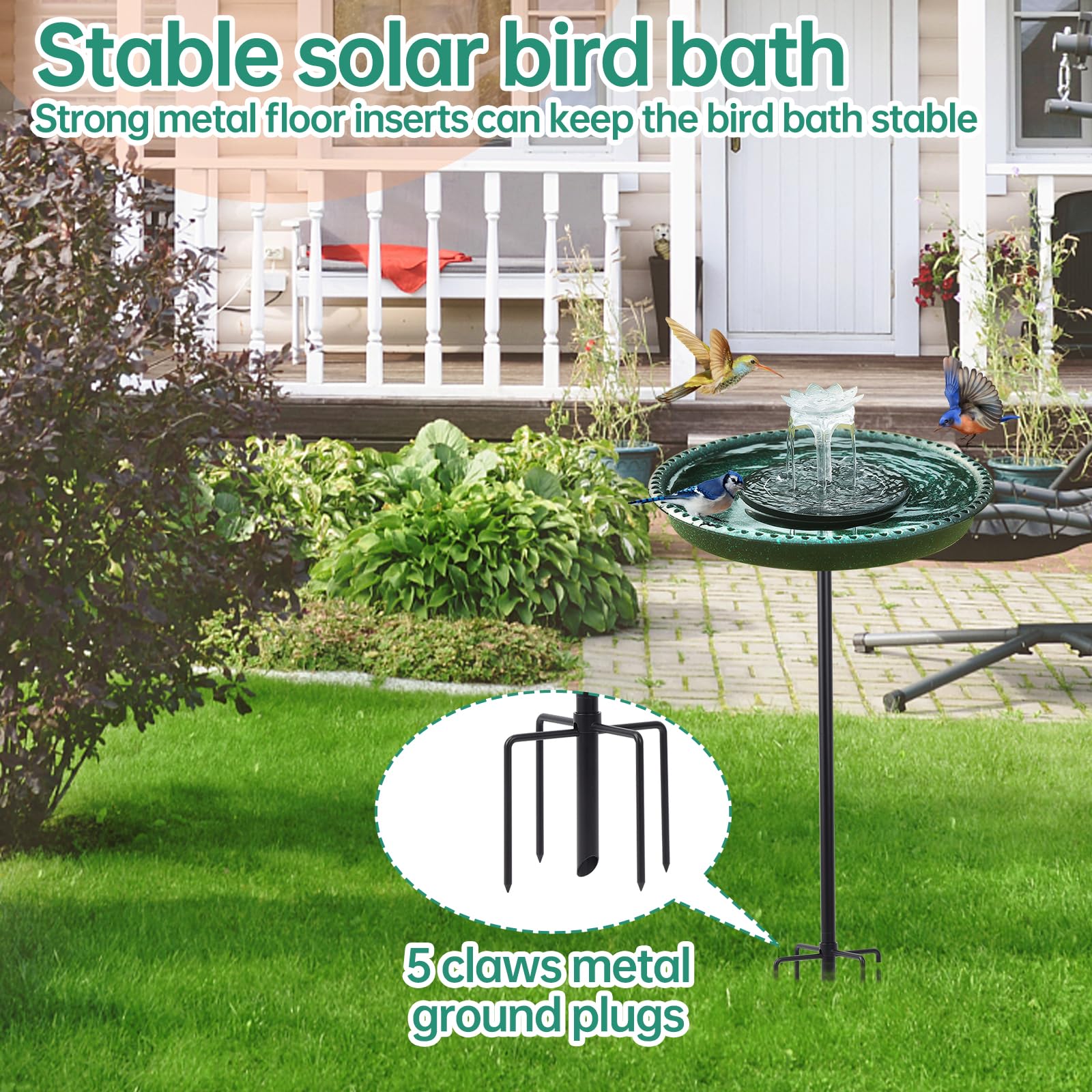 Solar Powered Bird Bath Fountain for Hummingbirds, Plastic Outdoor Birdbath with 5-Prong Base Stake, Stylish Stable Design for Lawn Patio Yard Garden
