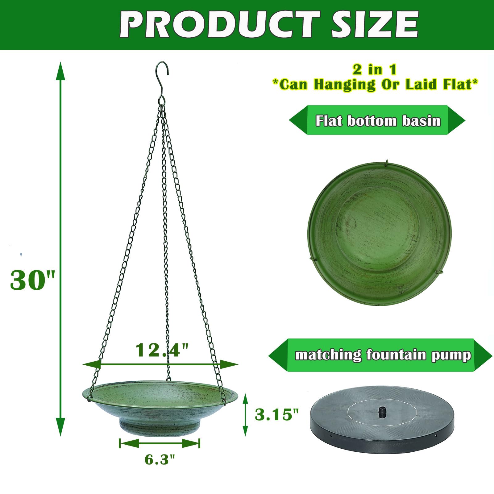 Solar Fountain Hanging Bird Bath, 30" Height × 12.4" Width Metal Bird Bubbler, Outdoor Garden Patio Decorative Bird Bath Bowl