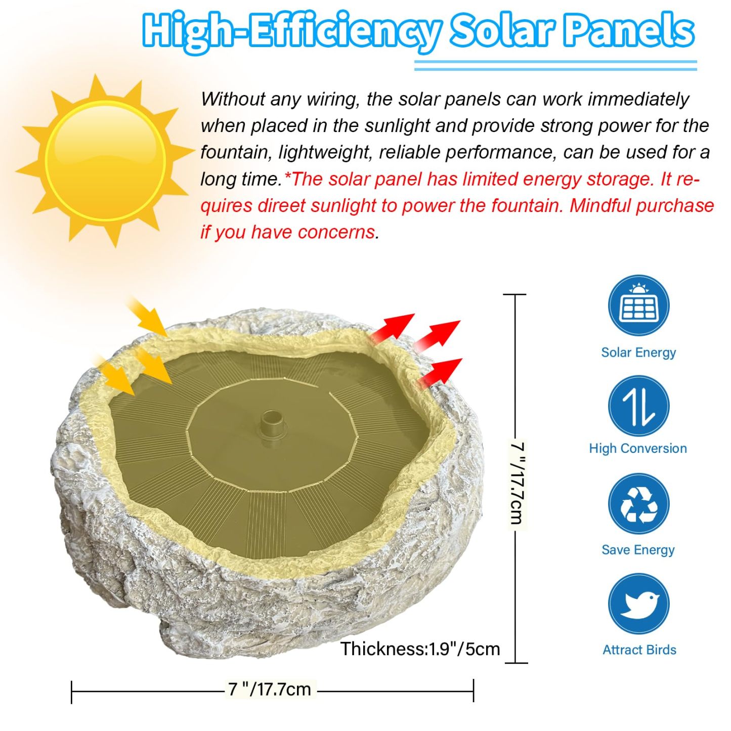 Resin Granite Rock Solar Fountain Pump for Bird Bath, Solar Panel Water Fountain with 5 Nozzles, Outdoor for Hummingbird Birdbath Fish Tank Pond